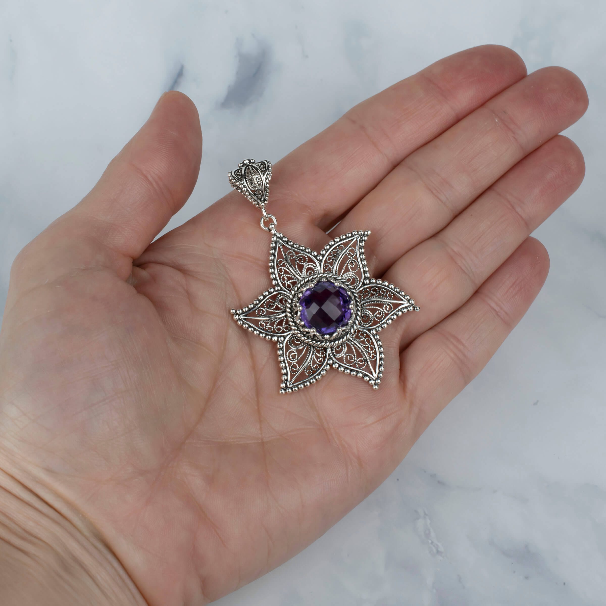 Filigree Art Amethyst Gemstone Star Design Women Silver Pendant