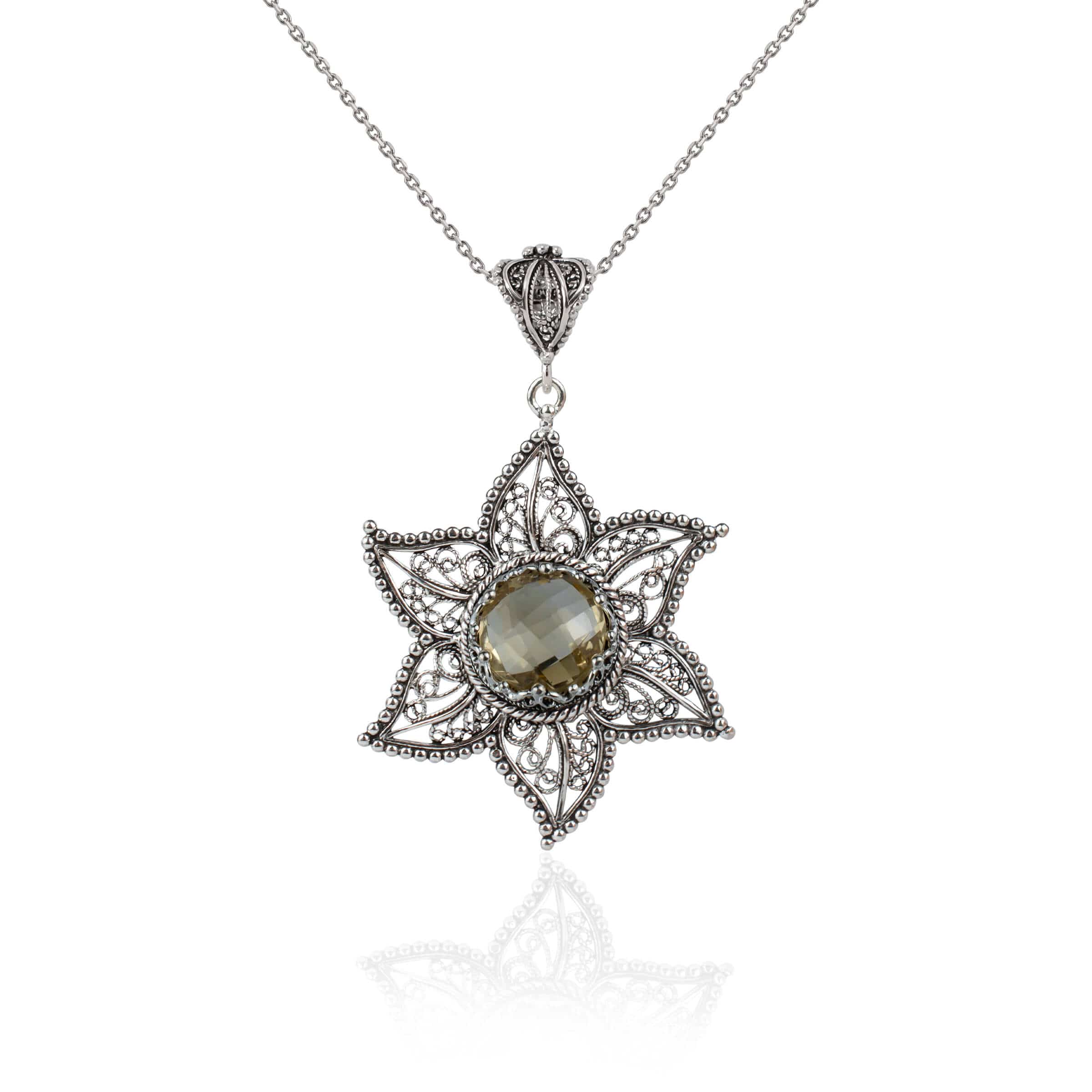 Filigree Art Citrine Gemstone Star Design Women Silver Pendant