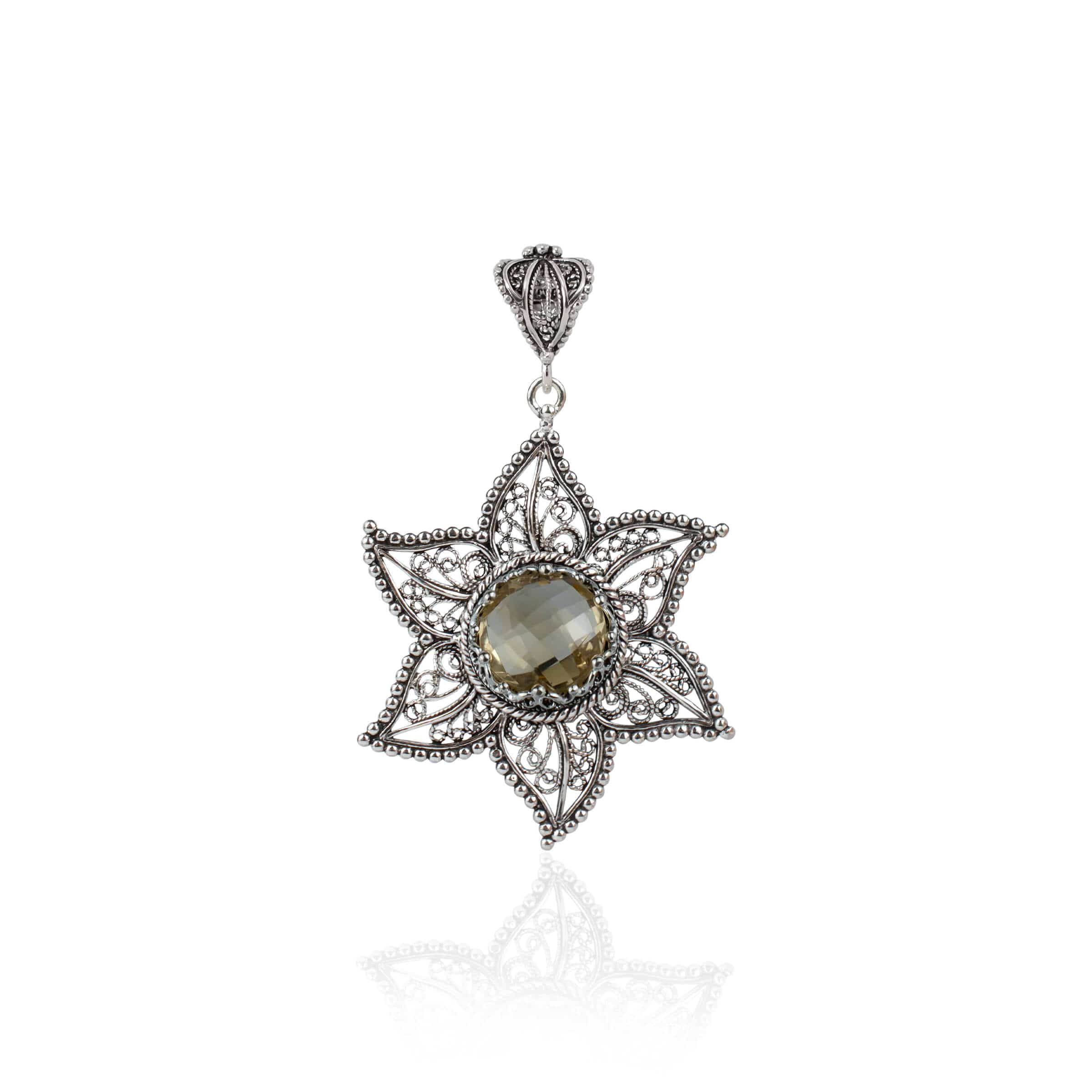 Filigree Art Citrine Gemstone Star Design Women Silver Pendant