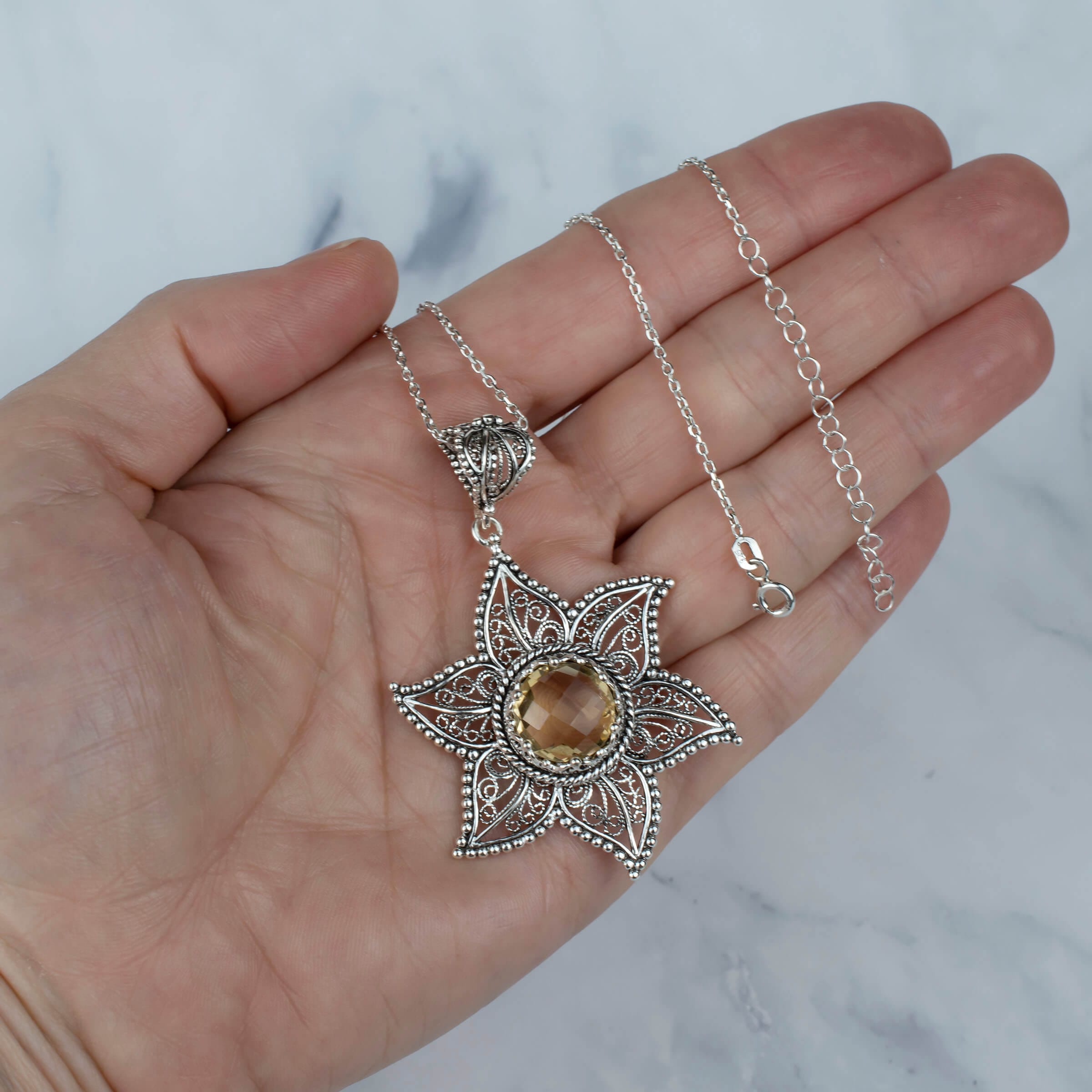 Filigree Art Citrine Gemstone Star Design Women Silver Pendant