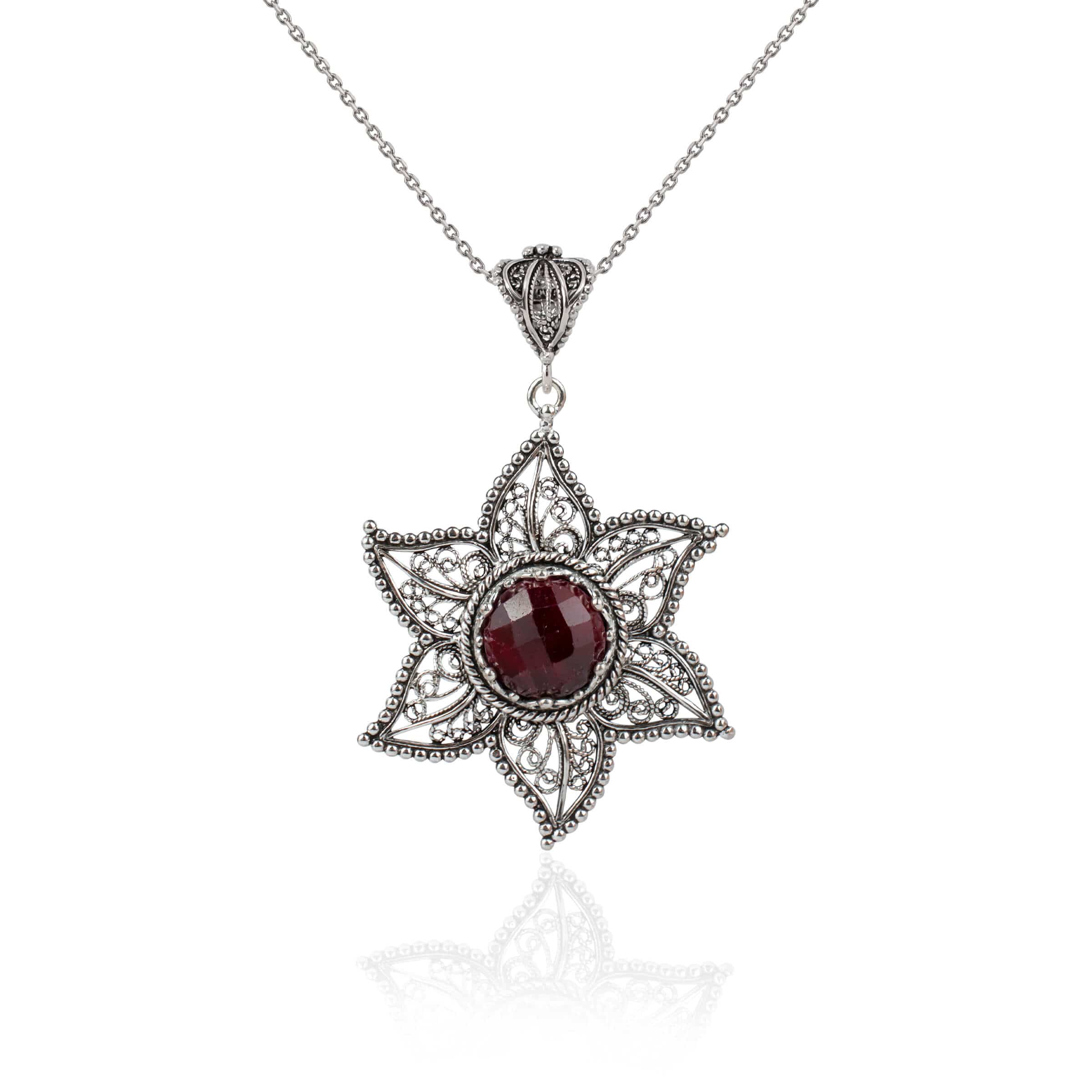 Filigree Art Ruby Corundum Gemstone Star Design Women Silver Pendant