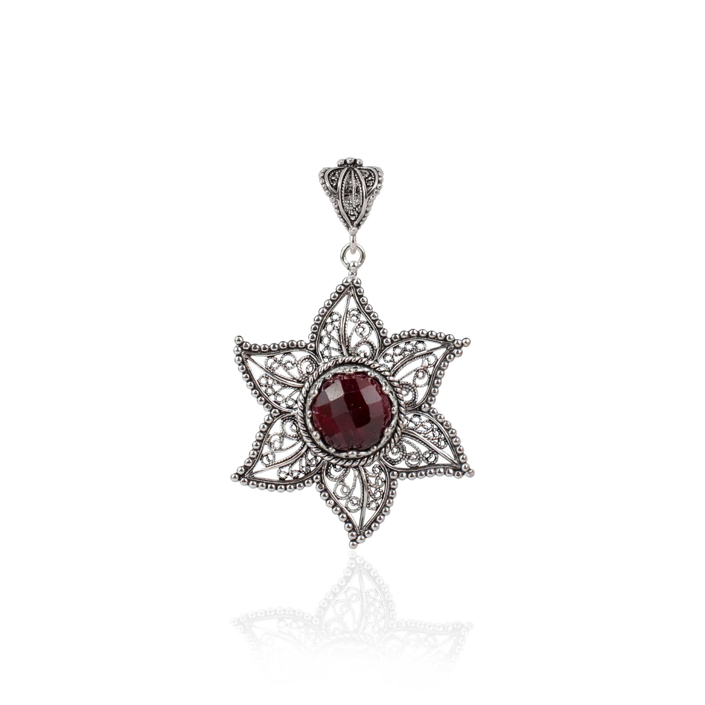 Filigree Art Ruby Corundum Gemstone Star Design Women Silver Pendant