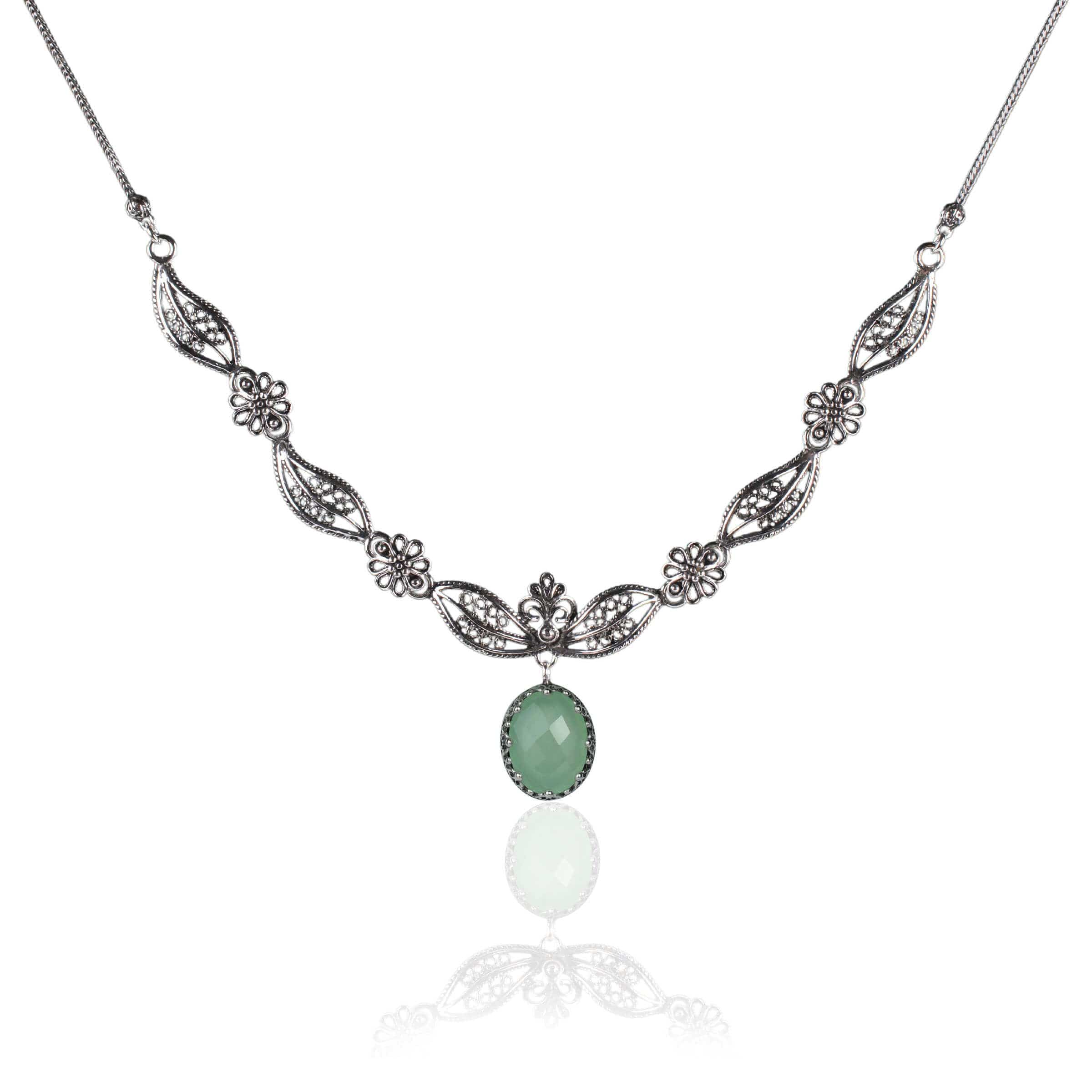 Filigree Art Aqua Chalcedony Gemstone Women Silver Y Necklace