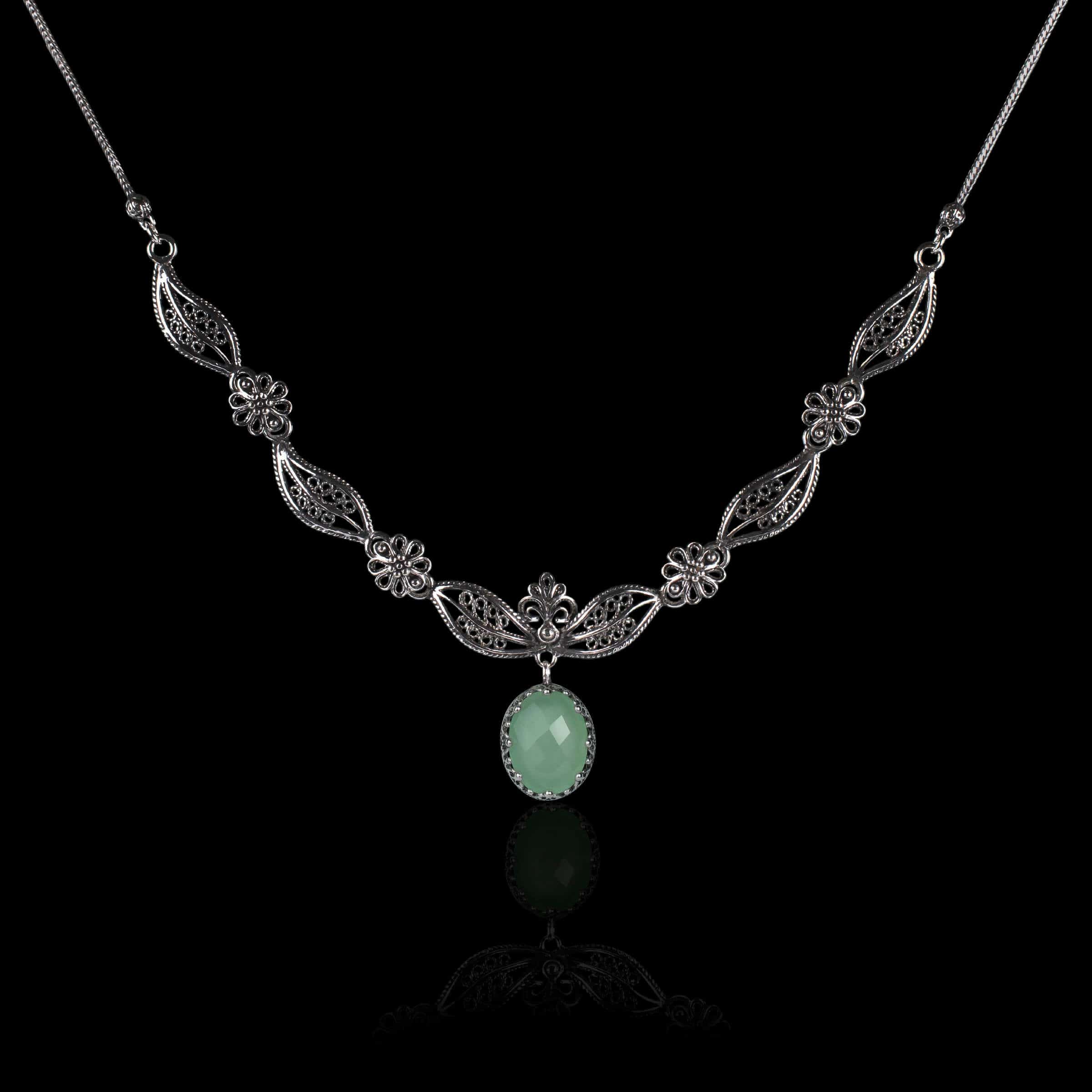 Filigree Art Aqua Chalcedony Gemstone Women Silver Y Necklace