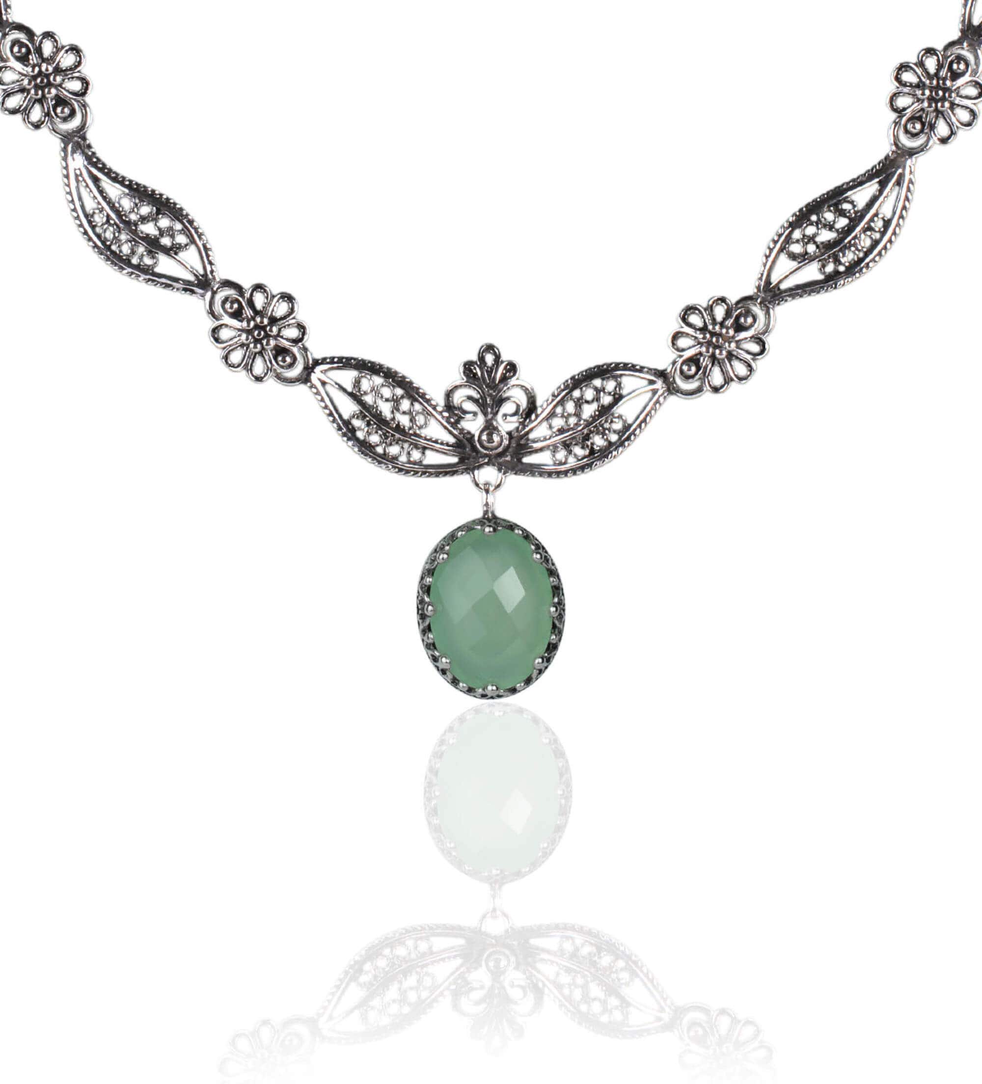 Filigree Art Aqua Chalcedony Gemstone Women Silver Y Necklace