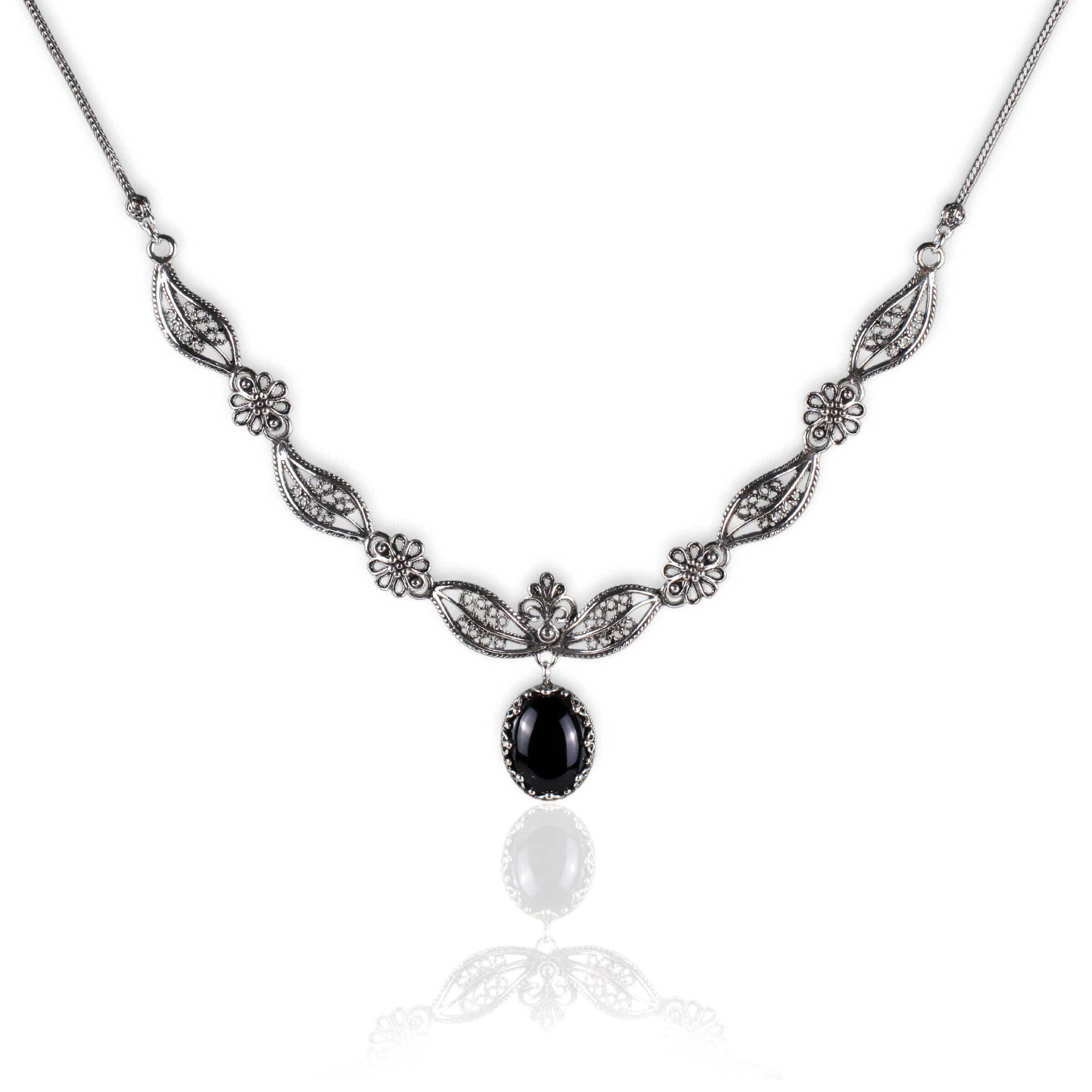 Filigree Art Black Onyx Gemstone Women Silver Y Necklace