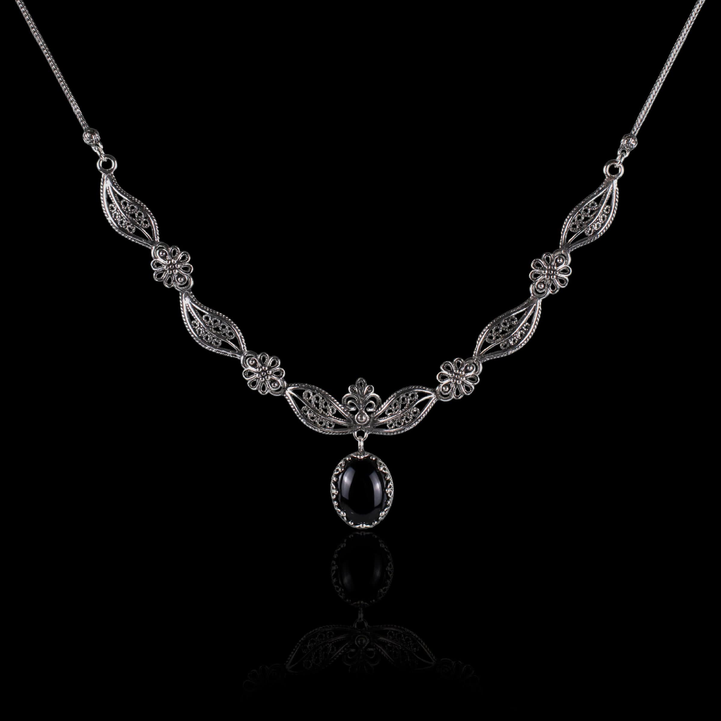 Filigree Art Black Onyx Gemstone Women Silver Y Necklace