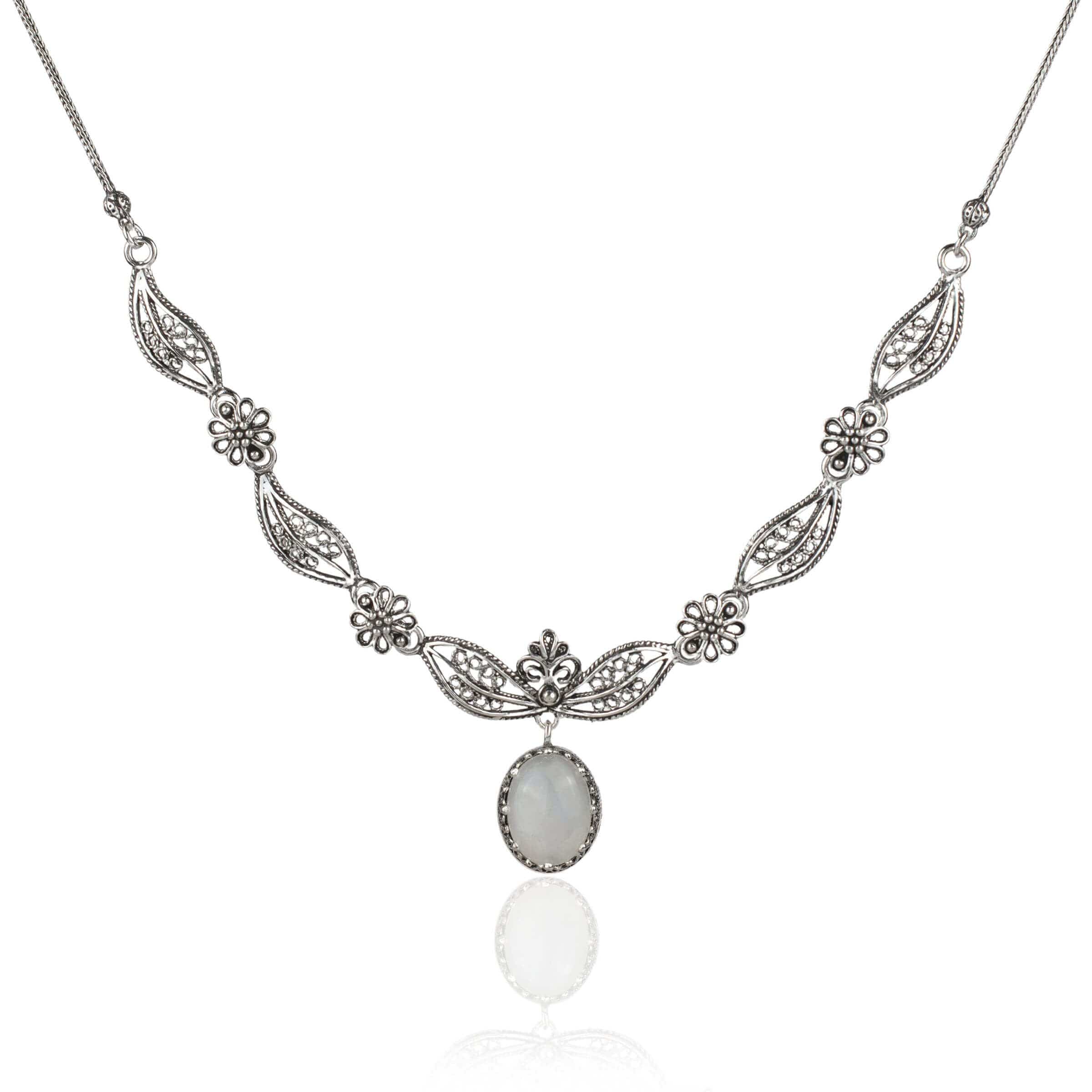 Filigree Art Gray Moonstone Gemstone Women Silver Y Necklace