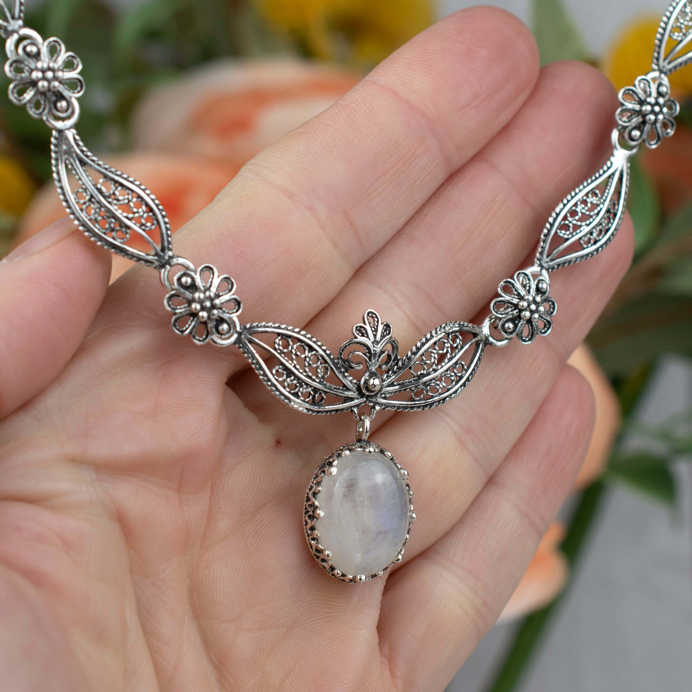 Filigree Art Gray Moonstone Gemstone Women Silver Y Necklace