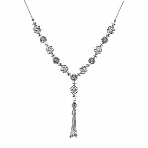 Filigree Art Amethyst / Blue Topaz Gemstone Women Silver Tassel Choker