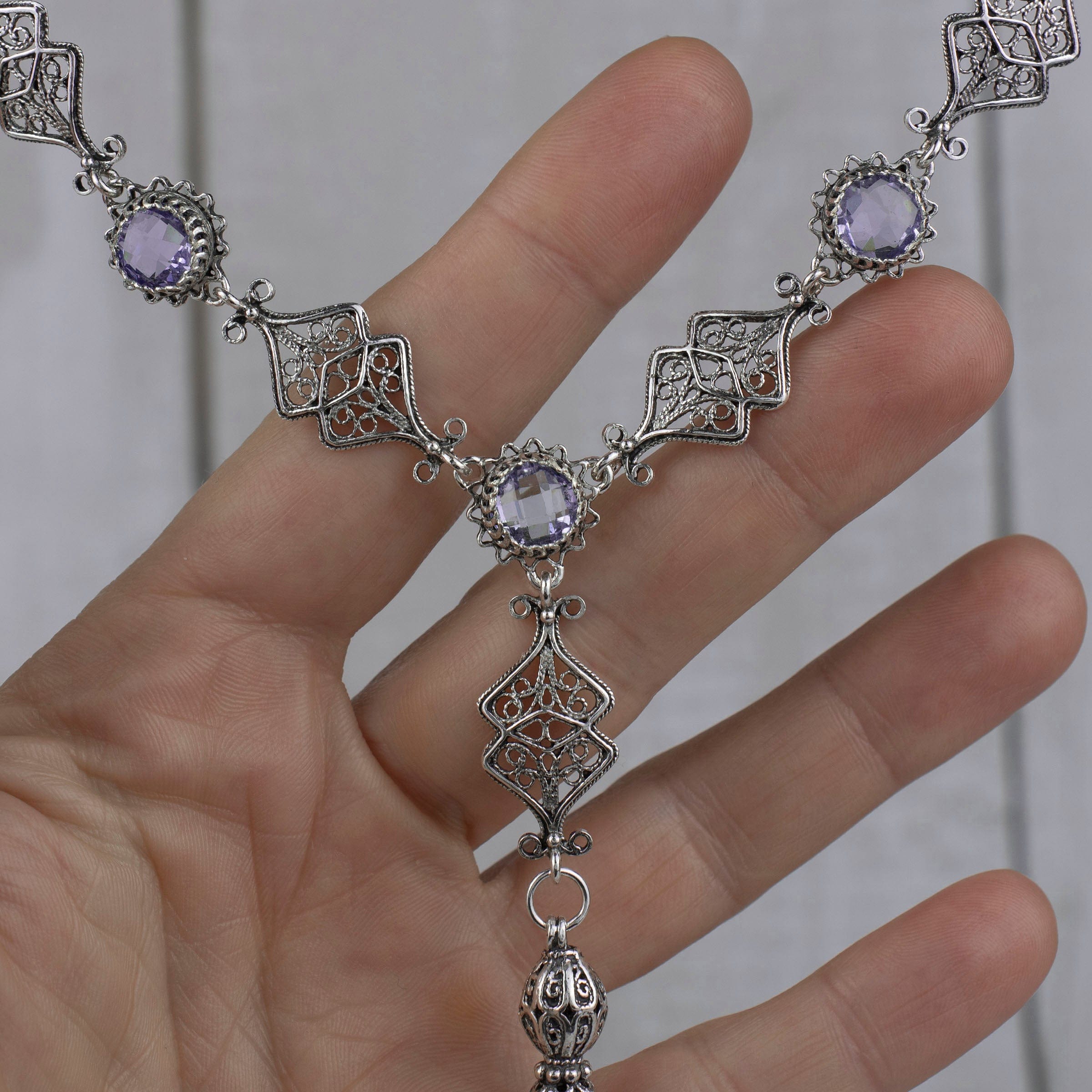 Filigree Art Amethyst / Blue Topaz Gemstone Women Silver Tassel Choker