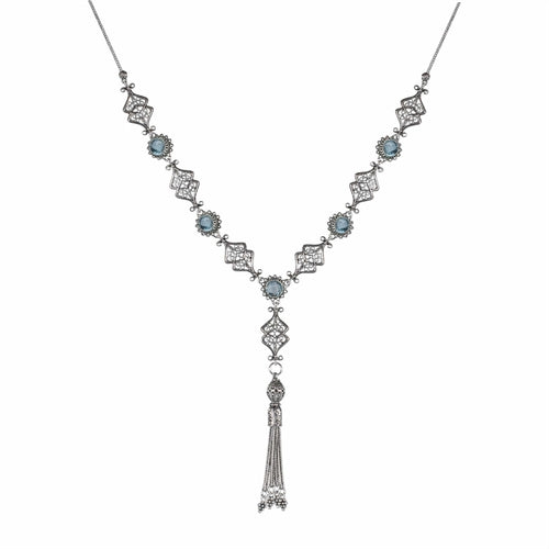 Filigree Art Amethyst / Blue Topaz Gemstone Women Silver Tassel Choker