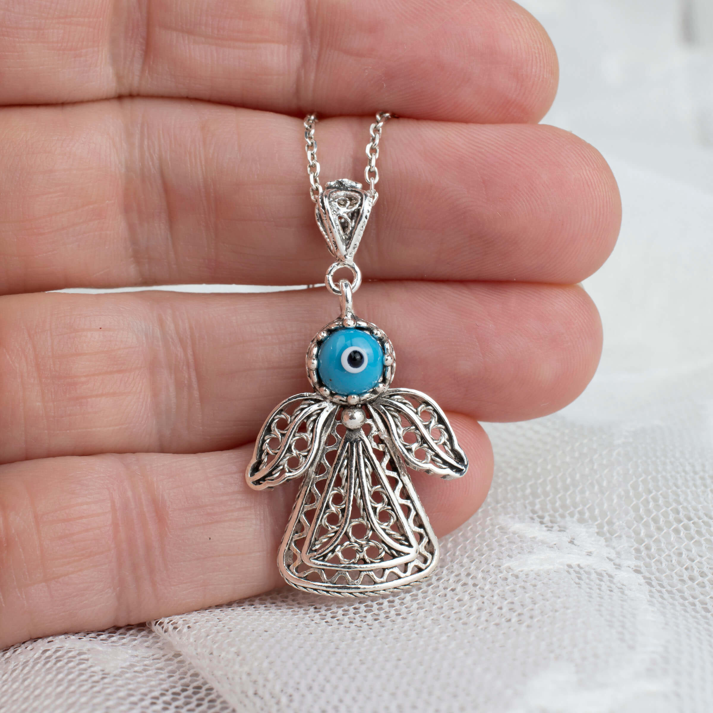 Filigree Art Evil Eye Beaded Angel Figured Women Silver Pendant