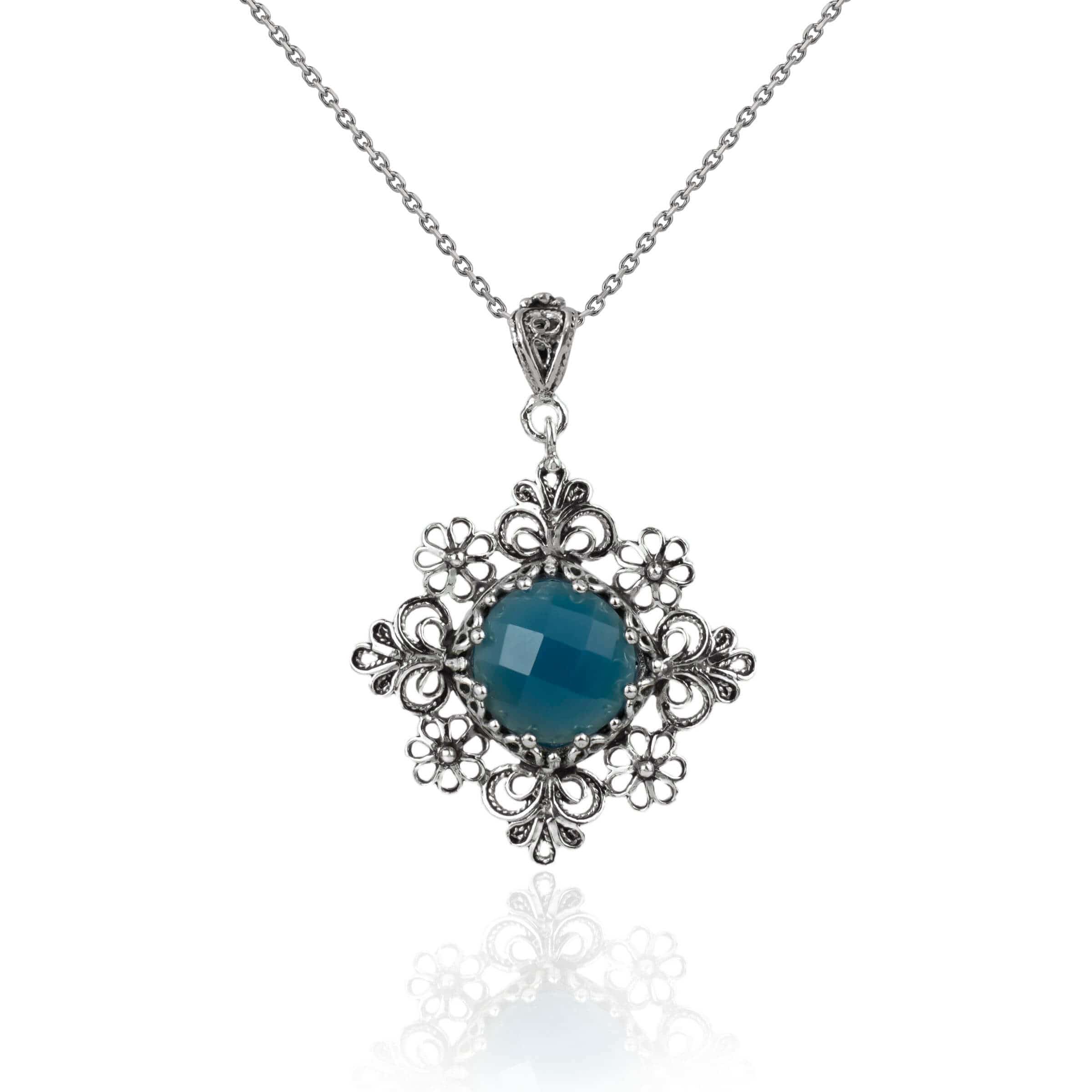 Filigree Art Blue Agate Gemstone Daisy Design Women Silver Pendant