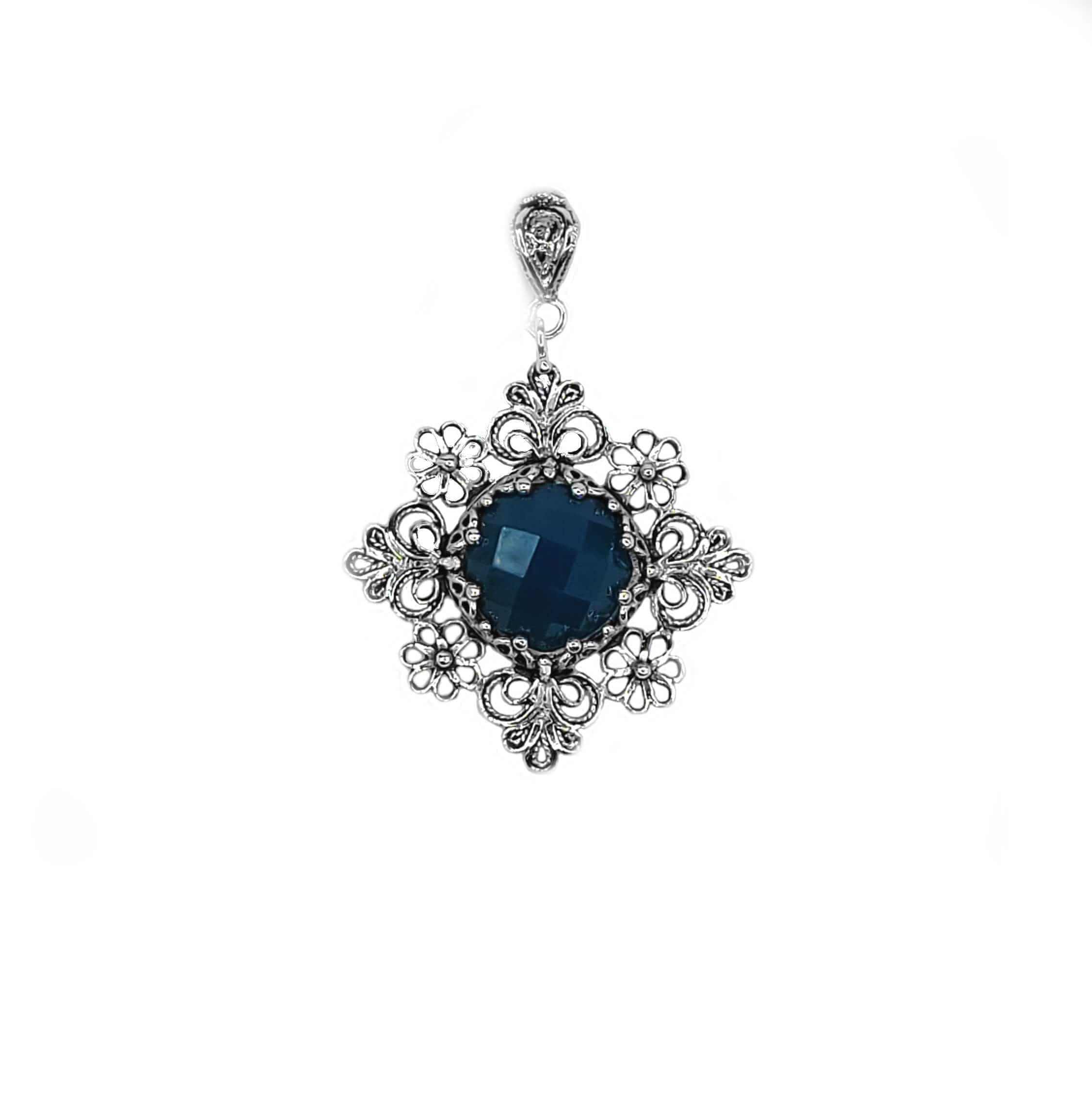 Filigree Art Blue Agate Gemstone Daisy Design Women Silver Pendant