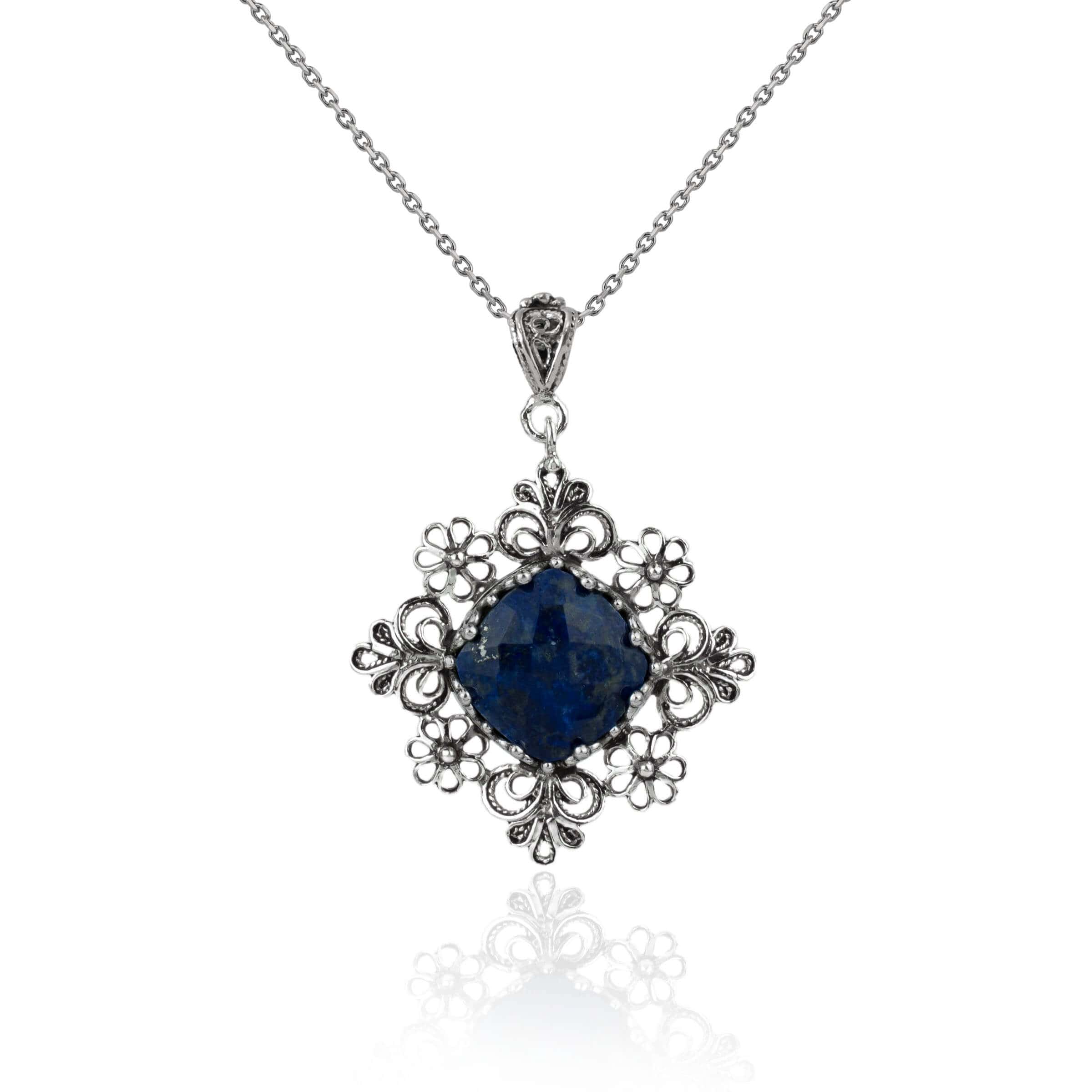 Filigree Art Lapis Lazuli Gemstone Daisy Design Women Silver Pendant