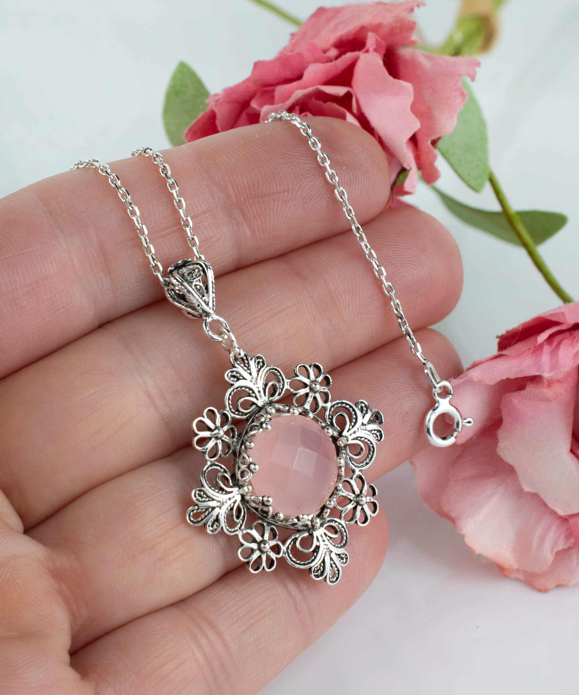 Filigree Art Pink Chalcedony Gemstone Daisy Design Women Silver