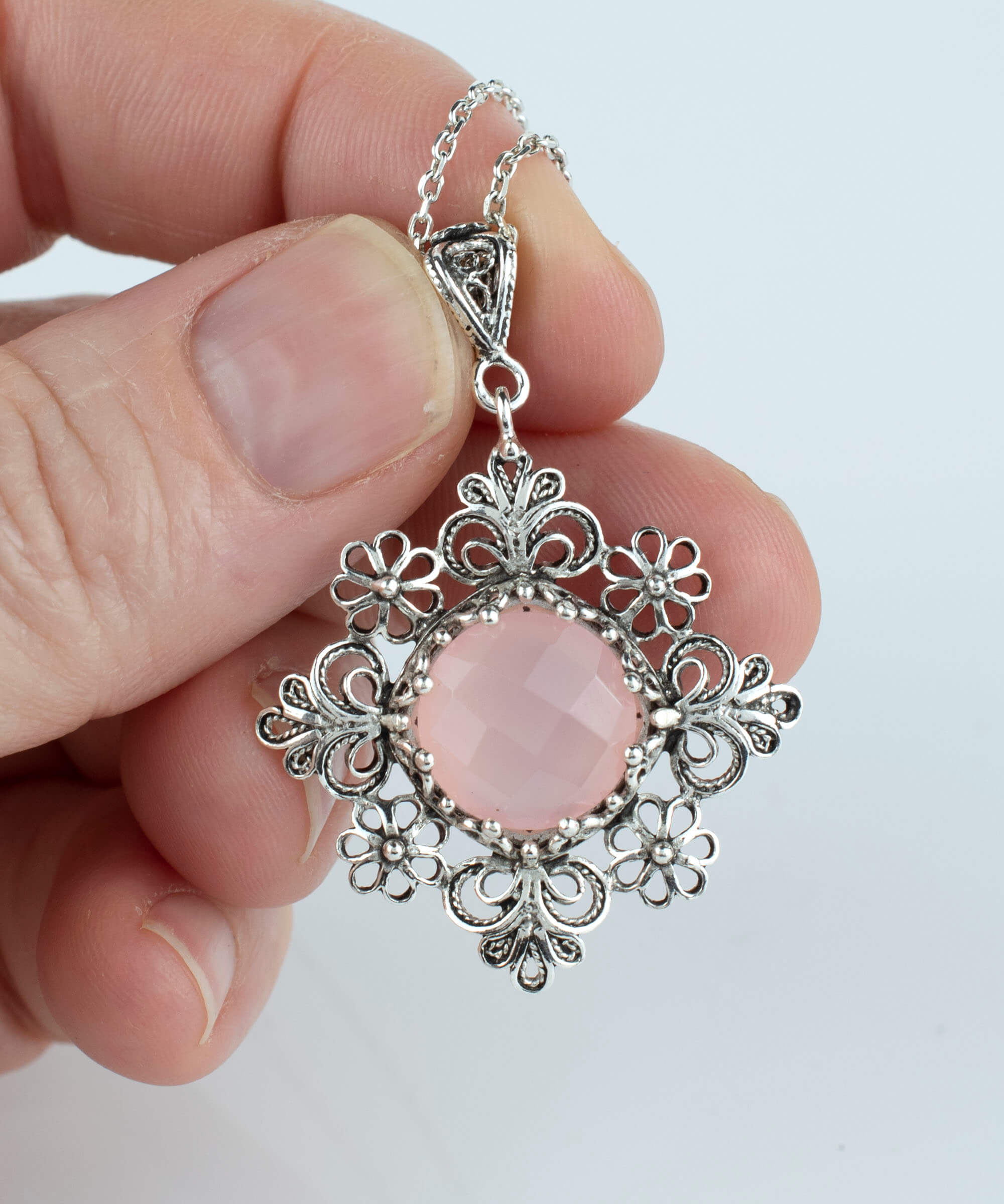 Filigree Art Pink Chalcedony Gemstone Daisy Design Women Silver