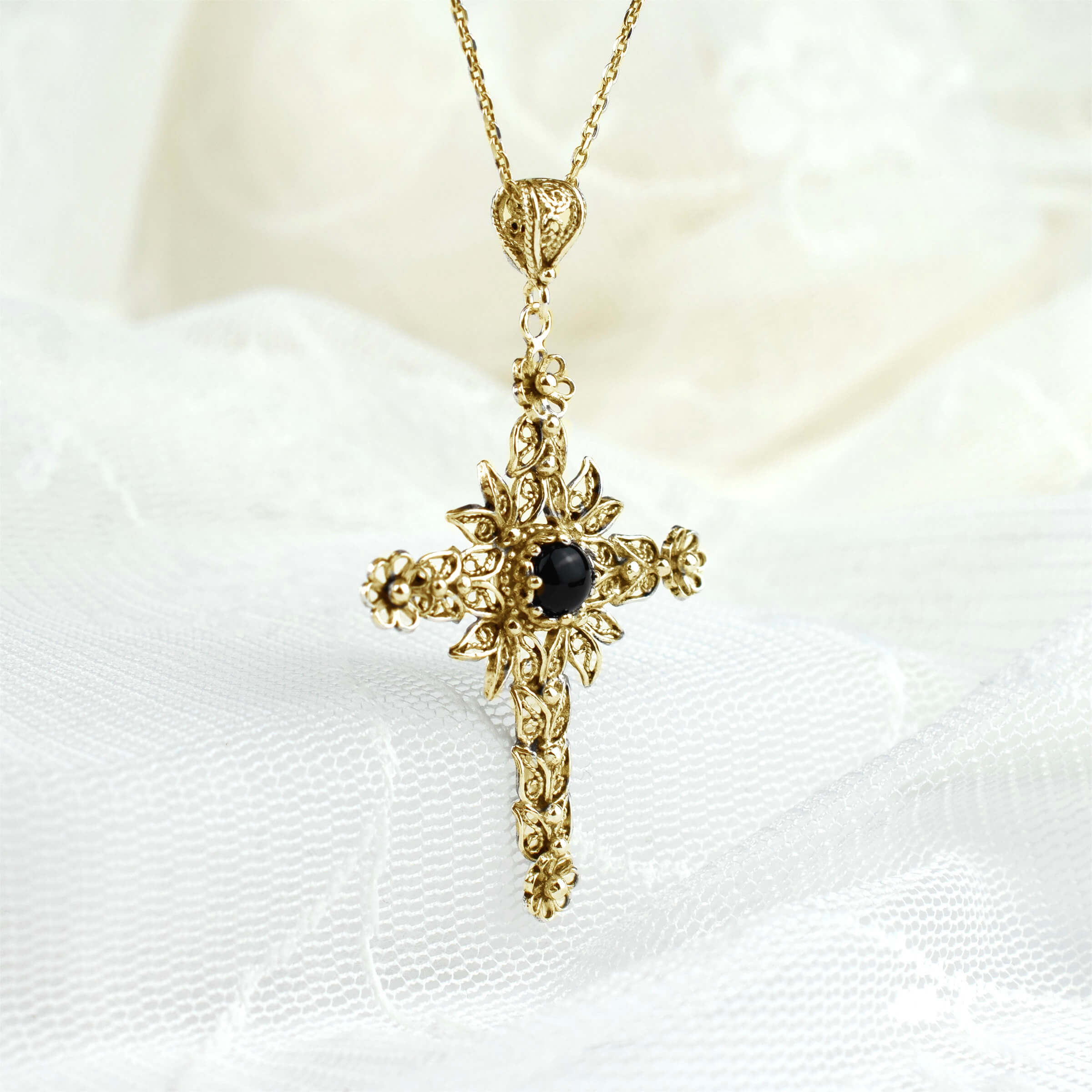 Filigree Art Black Onyx Gemstone Women Gold Plated Silver Cross