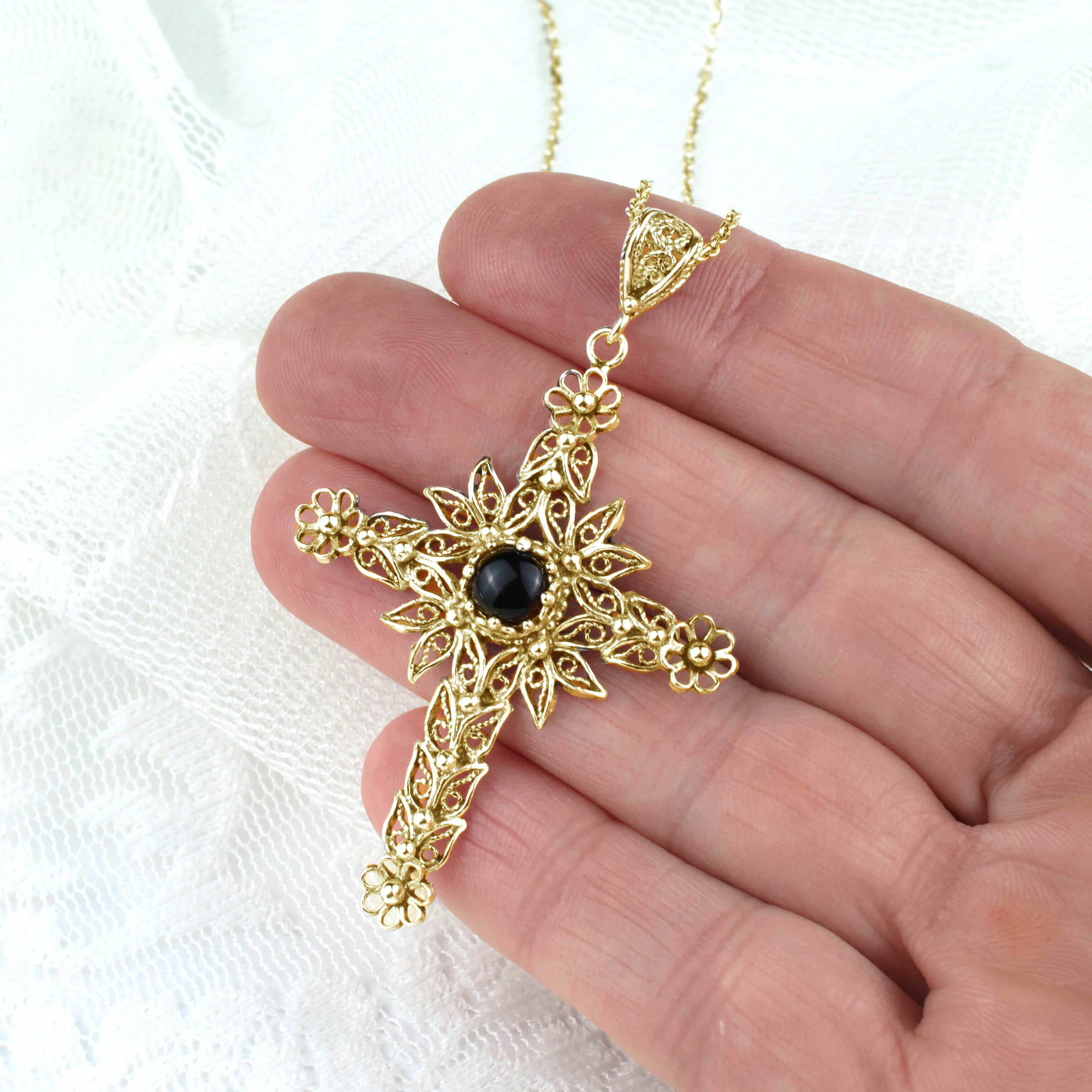 Filigree Art Black Onyx Gemstone Women Gold Plated Silver Cross