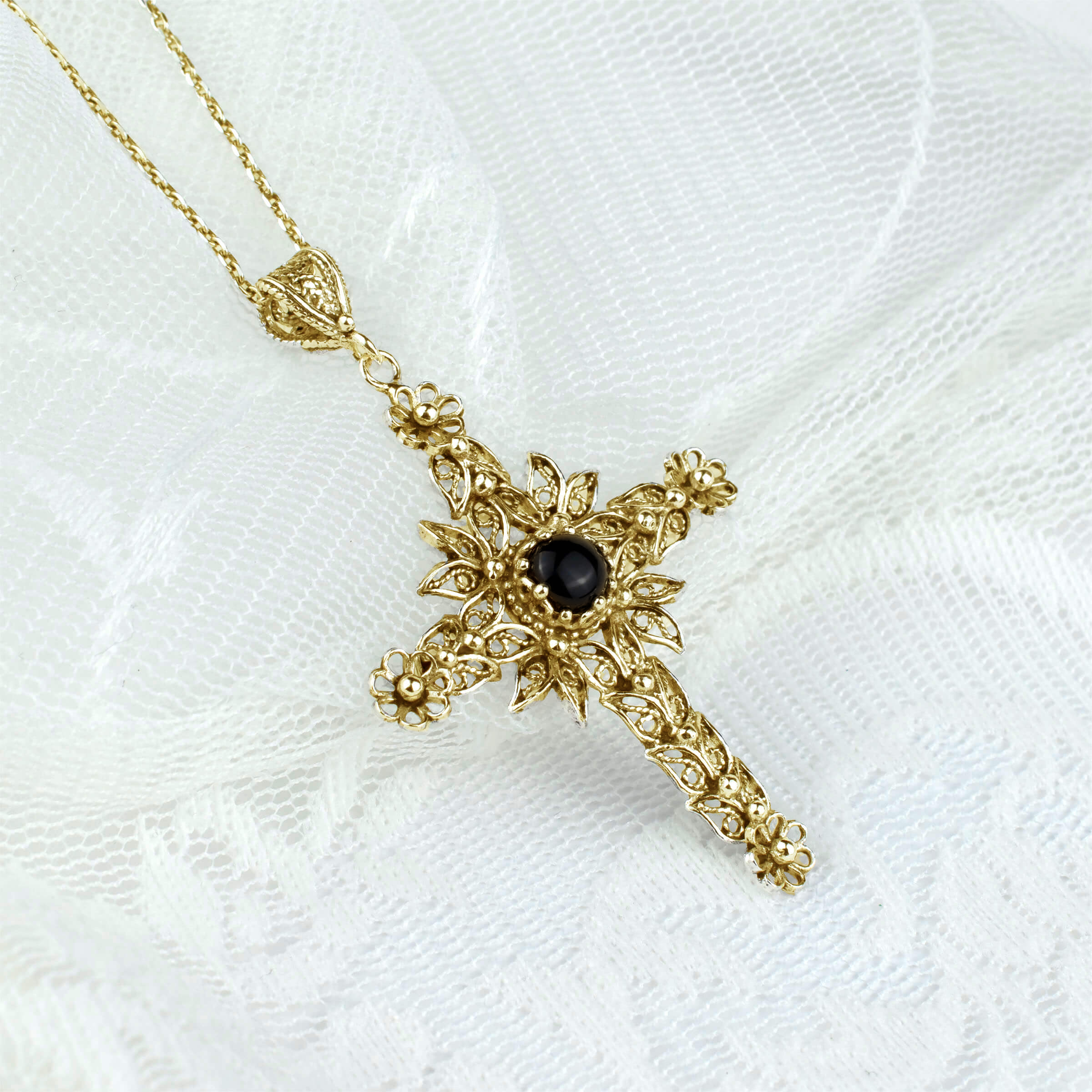 Filigree Art Black Onyx Gemstone Women Gold Plated Silver Cross