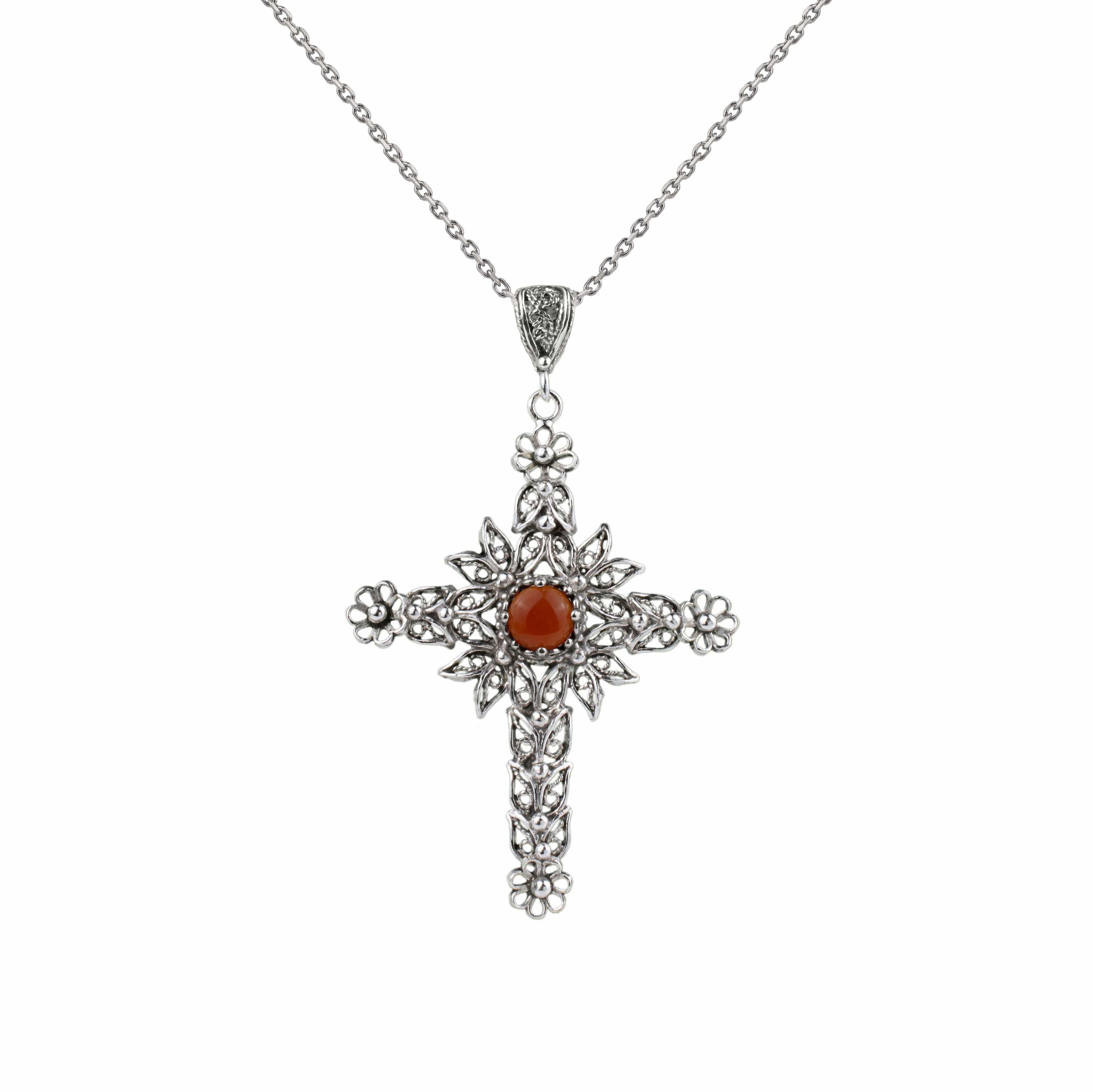 Filigree Art Carnelian Gemstone Women Silver Cross Pendant Necklace