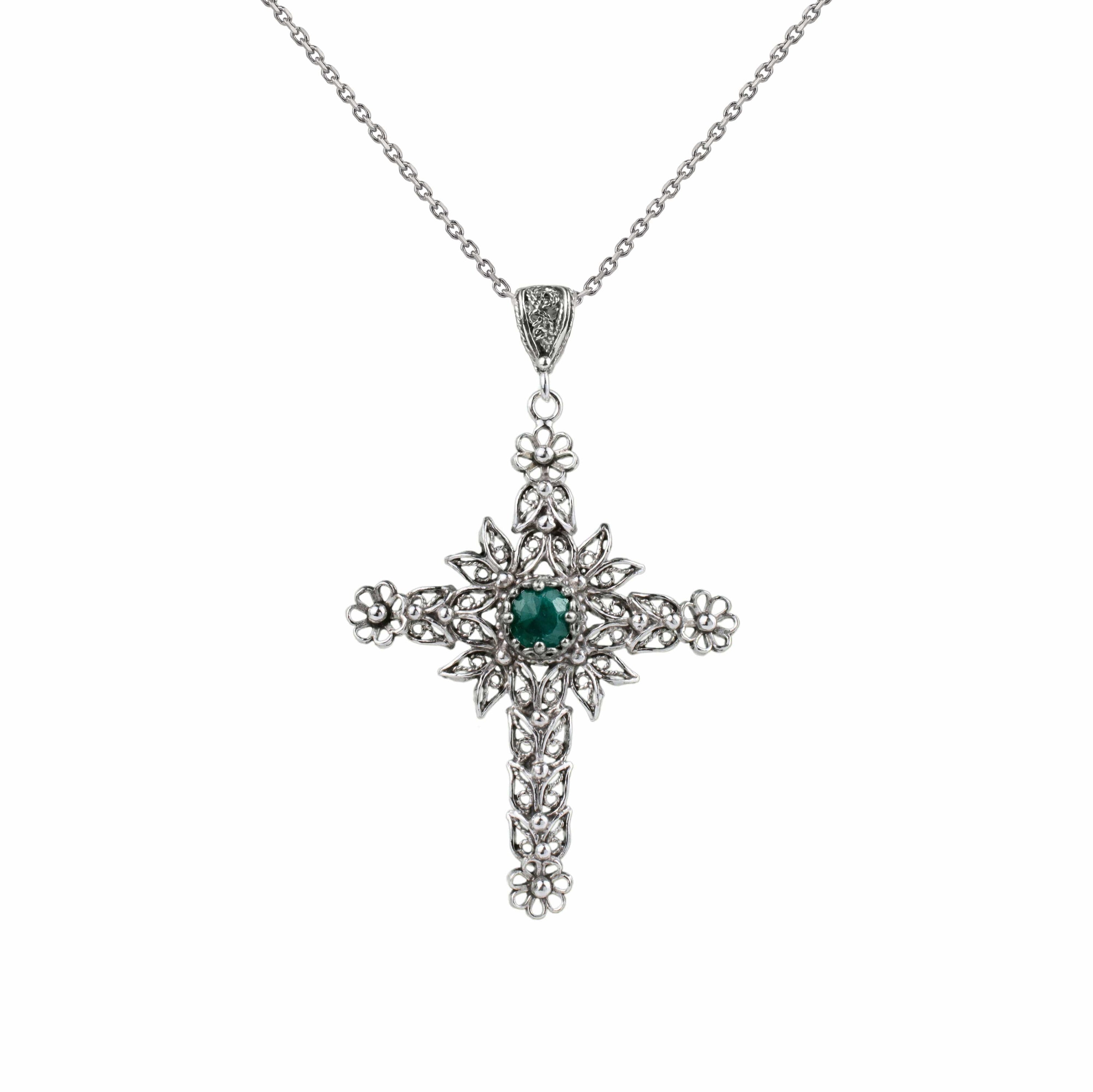 Filigree Art Emerald Gemstone Women Silver Cross Pendant Necklace