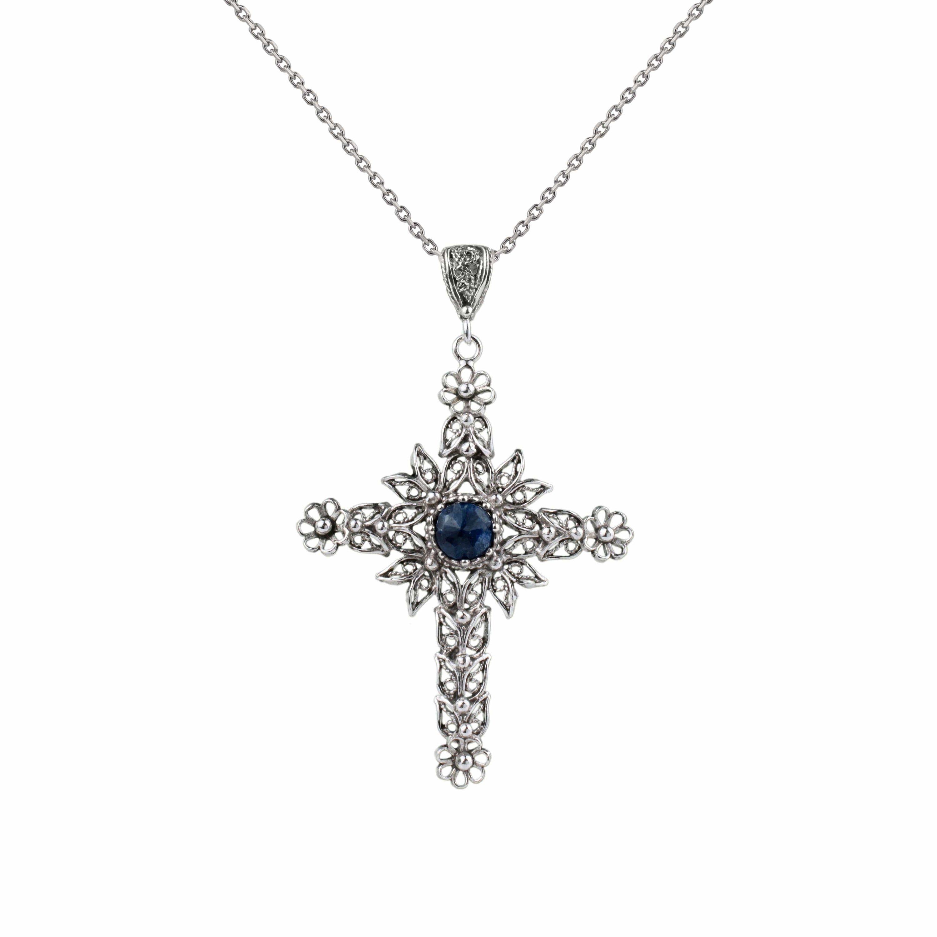 Filigree Art Sapphire Gemstone Women Silver Cross Pendant Necklace