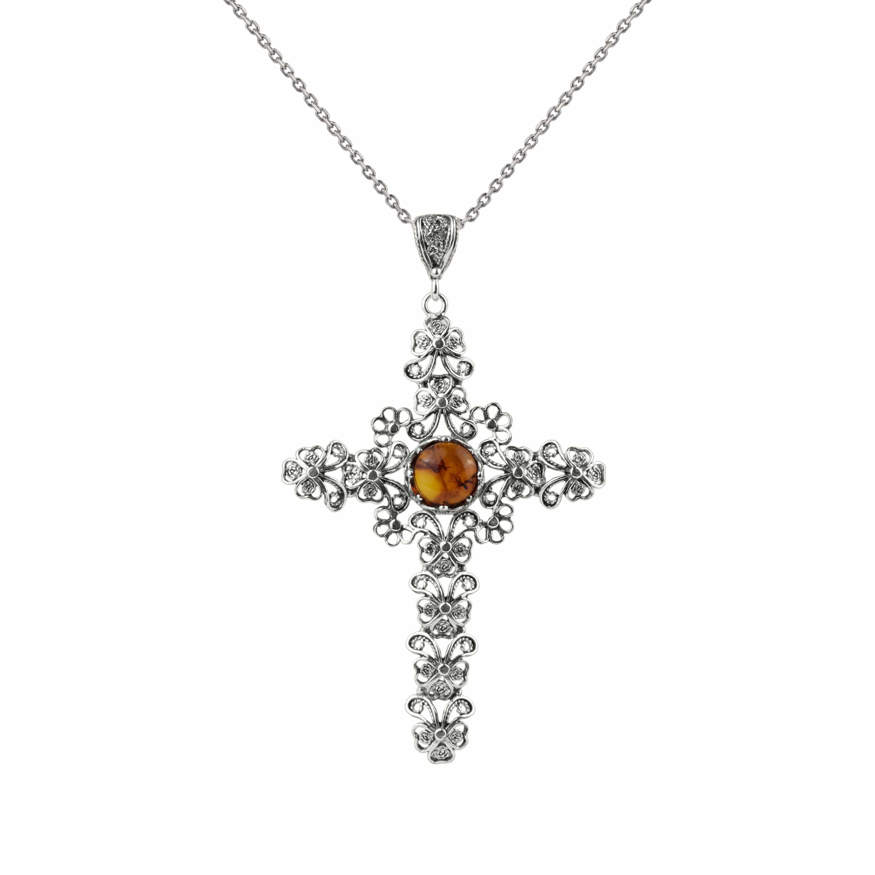 Filigree Art Amber Stone Silver Cross Design Women Pendant Necklace