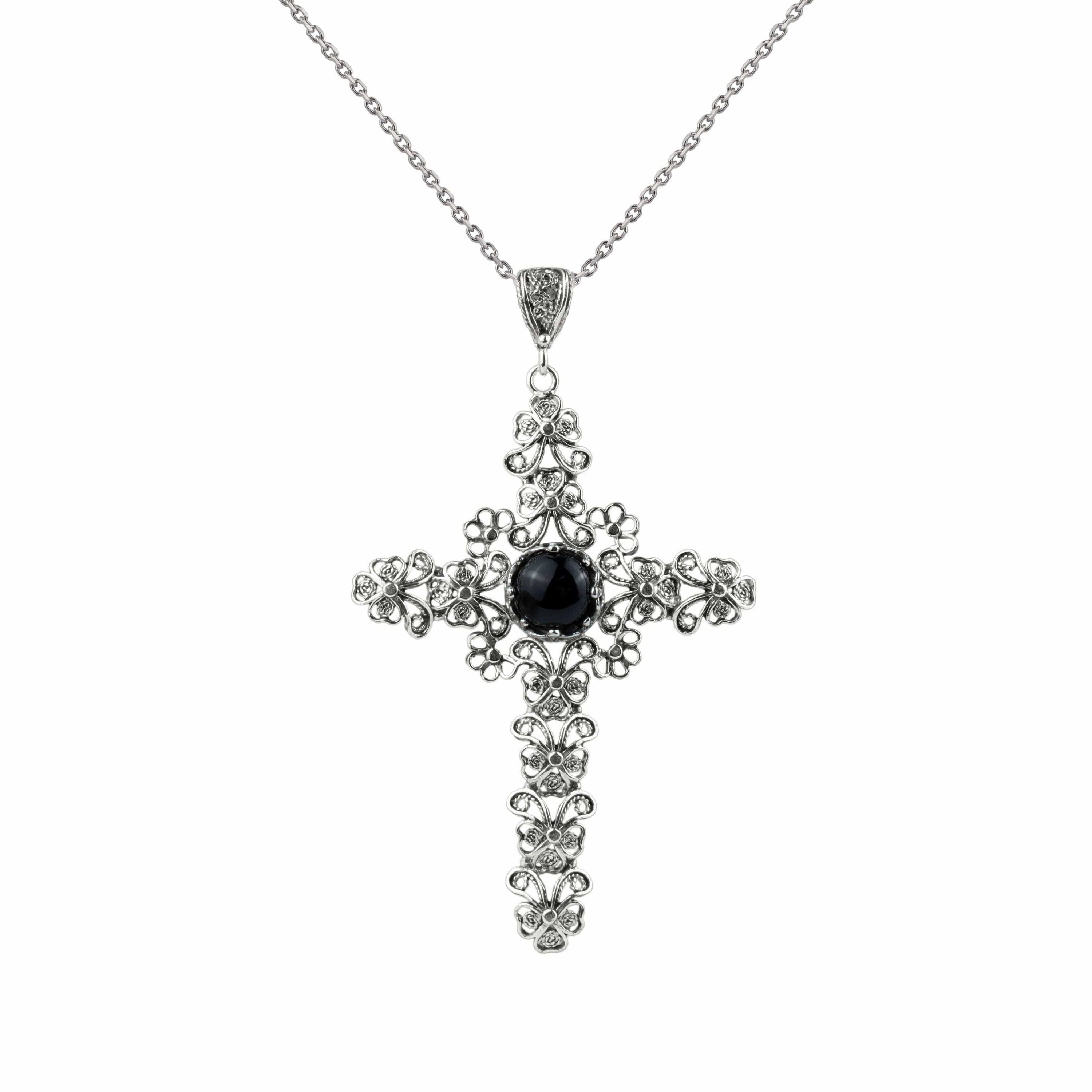 Filigree Art Black Onyx Gemstone Silver Cross Design Women Pendant