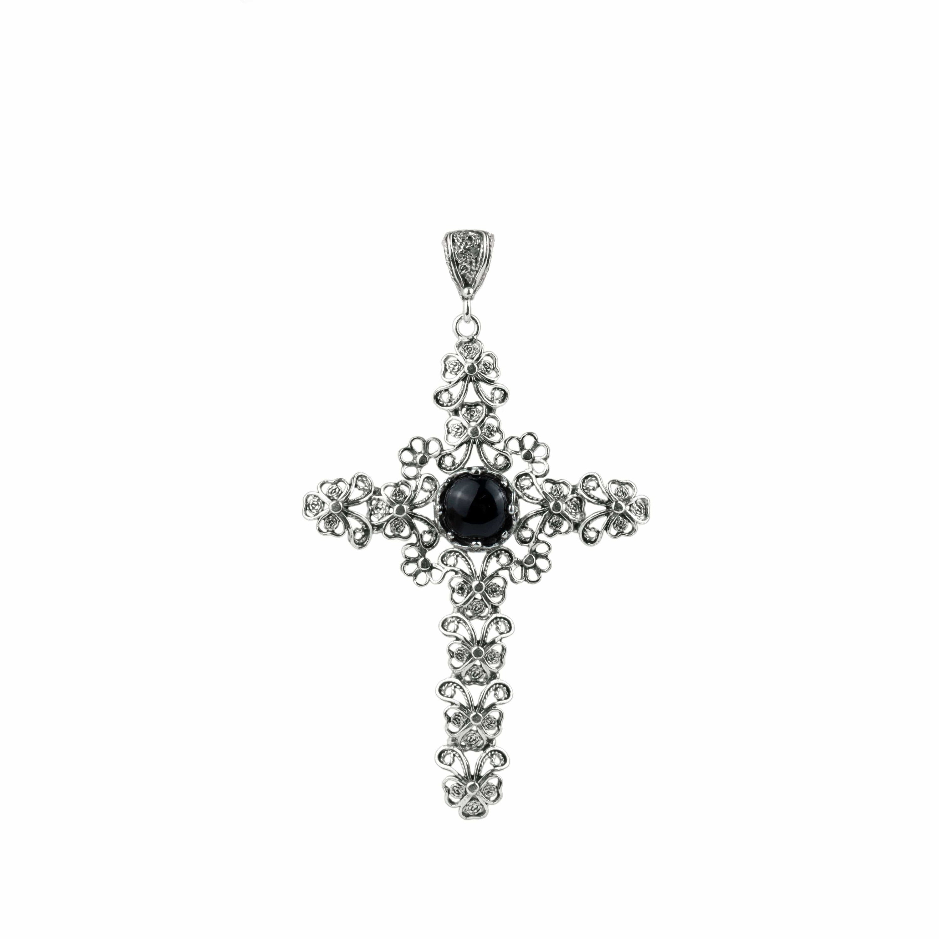 Filigree Art Black Onyx Gemstone Silver Cross Design Women Pendant