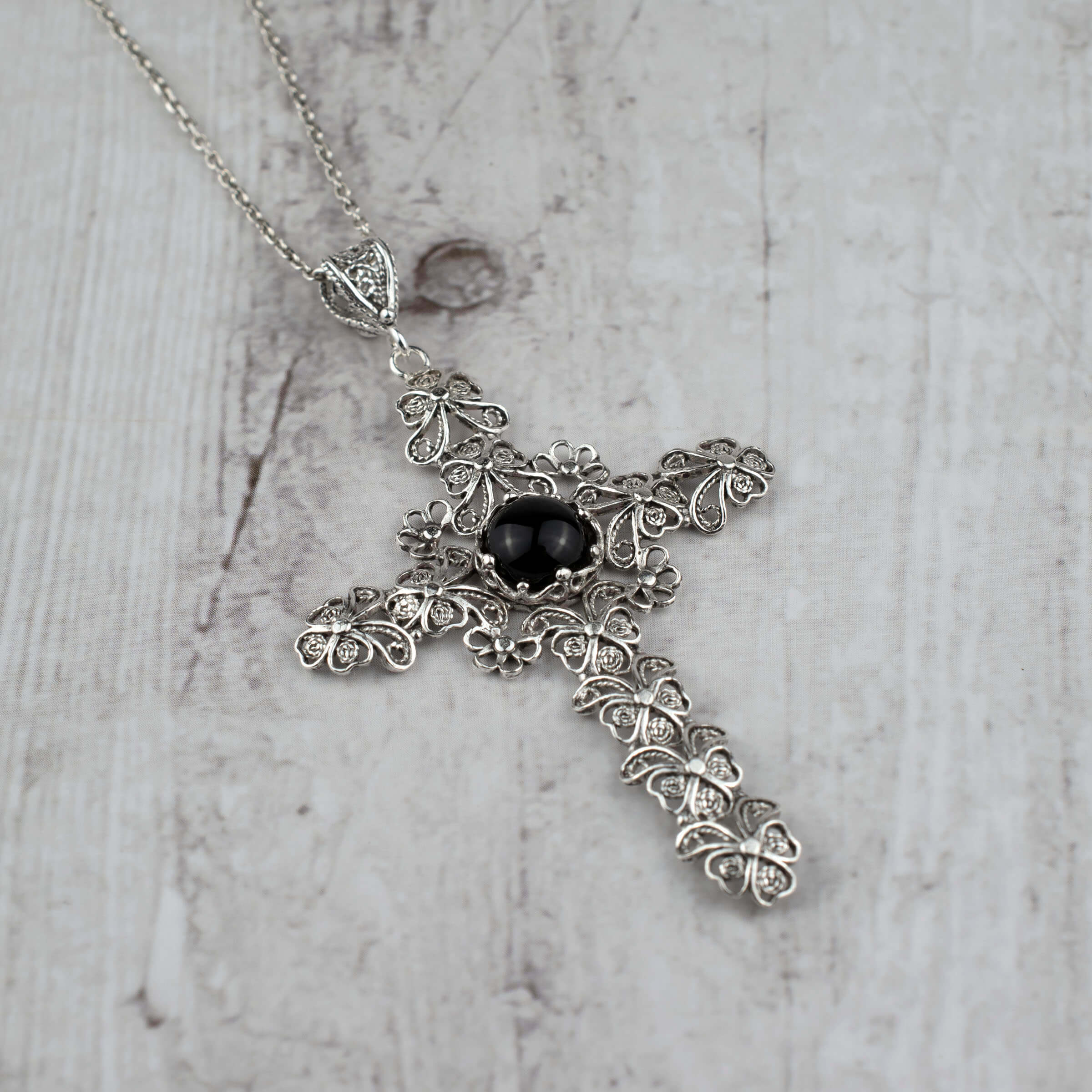 Filigree Art Black Onyx Gemstone Silver Cross Design Women Pendant