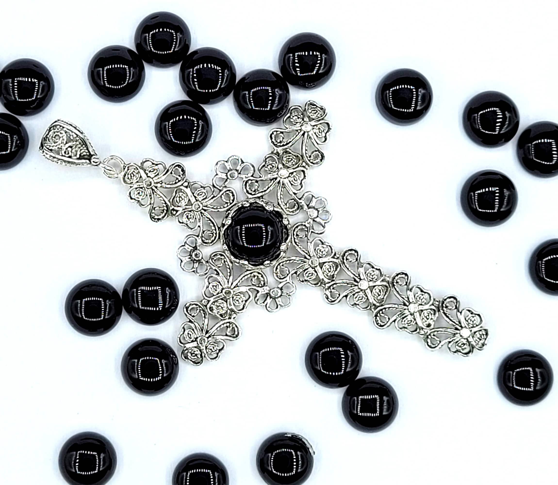 Filigree Art Black Onyx Gemstone Silver Cross Design Women Pendant