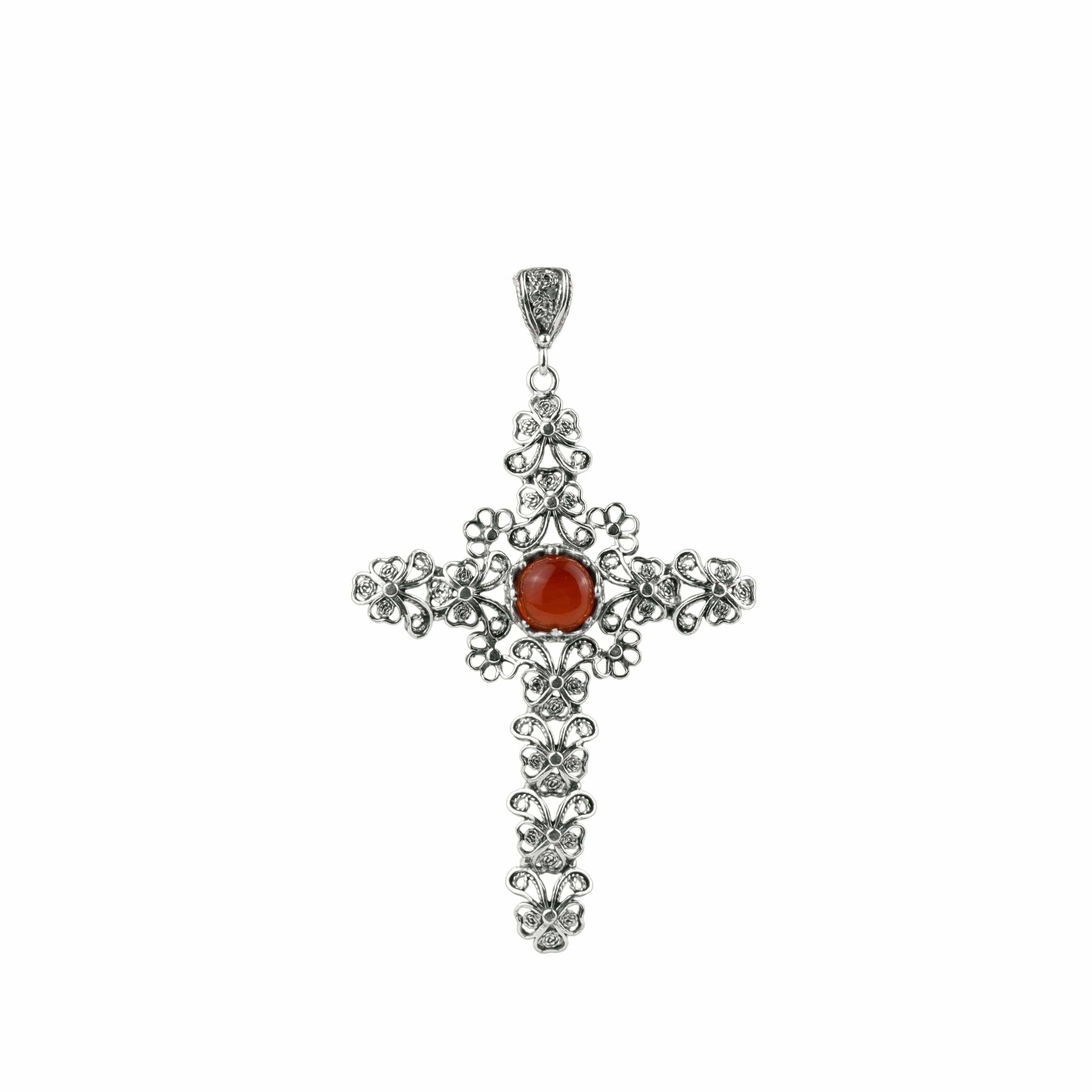 Filigree Art Carnelian Gemstone Silver Cross Design Women Pendant