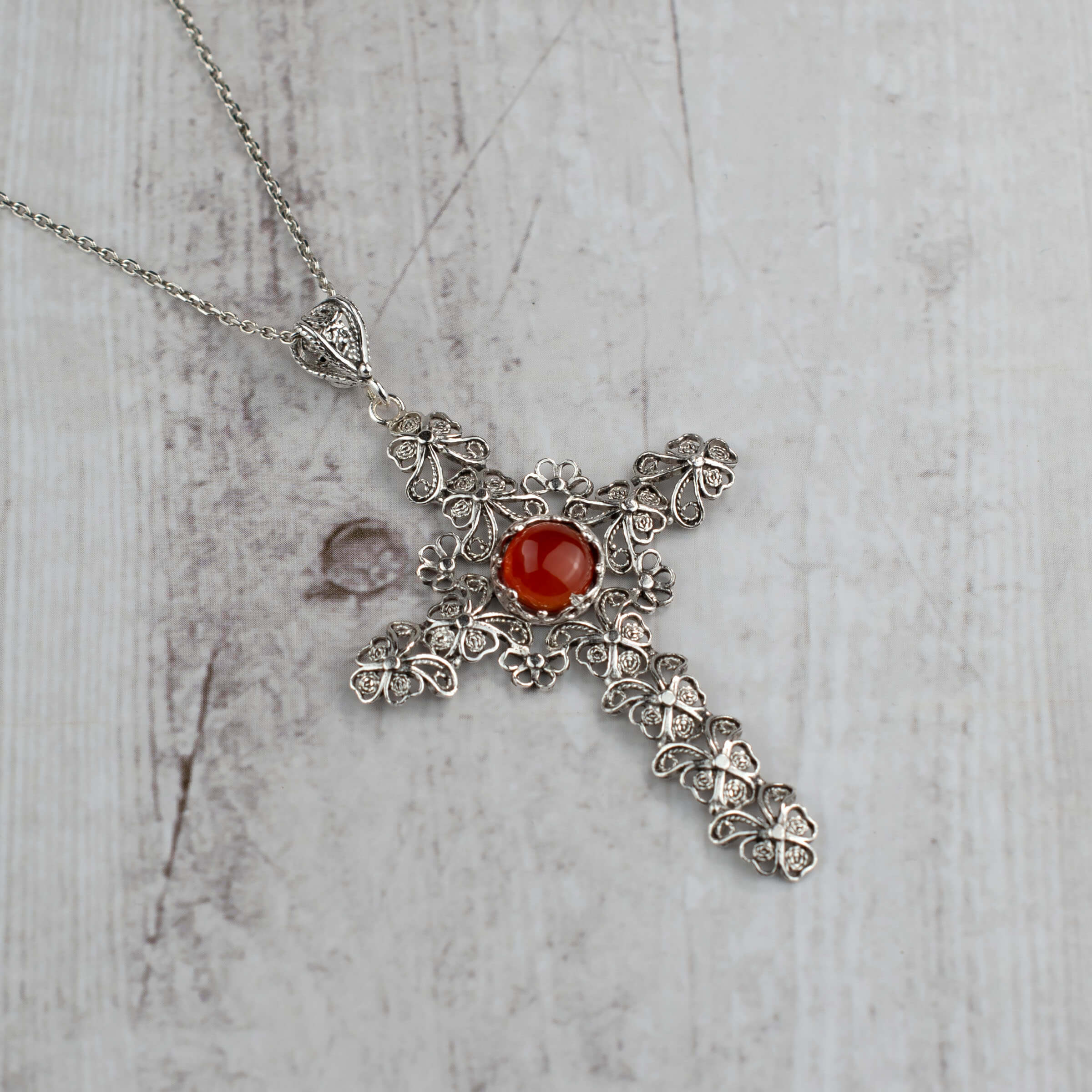 Filigree Art Carnelian Gemstone Silver Cross Design Women Pendant