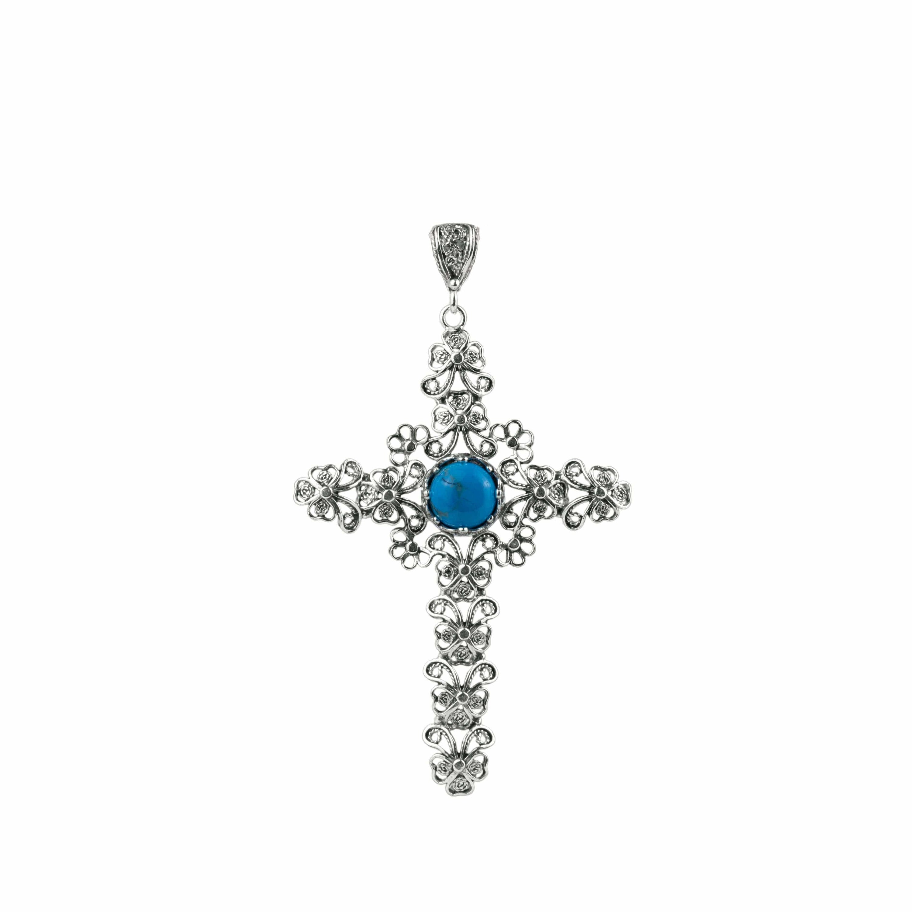 Filigree Art Turquoise Gemstone Silver Cross Design Women Pendant