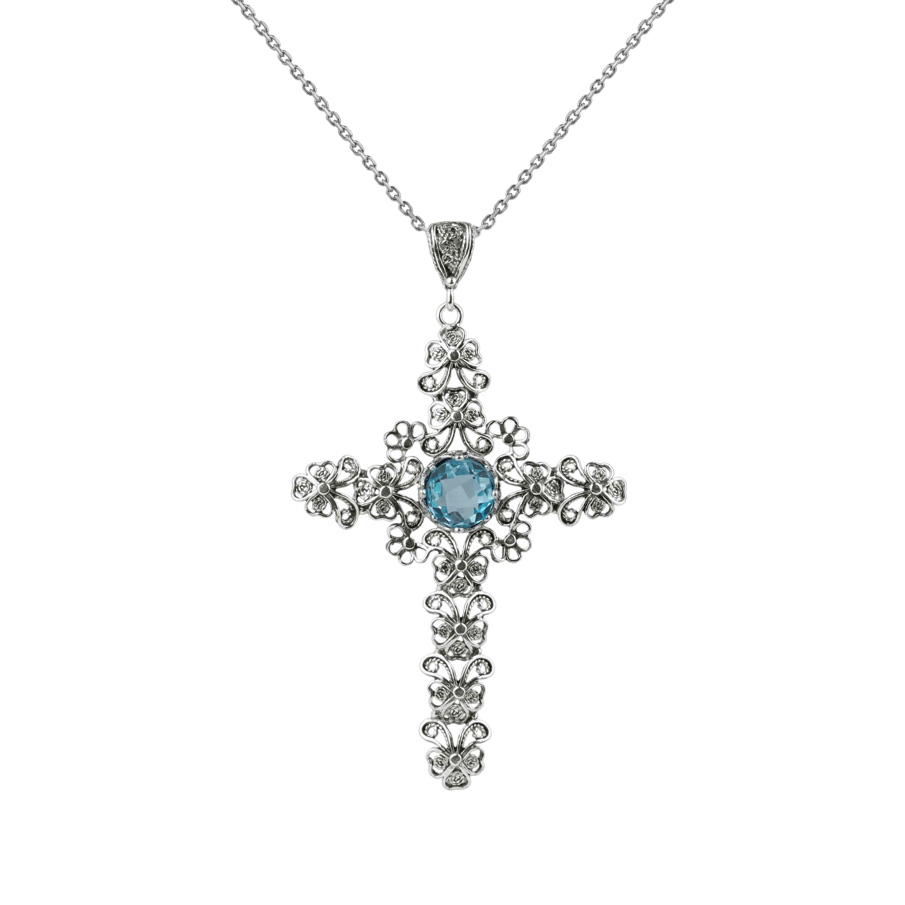 Filigree Art Blue Topaz Gemstone Silver Cross Design Women Pendant