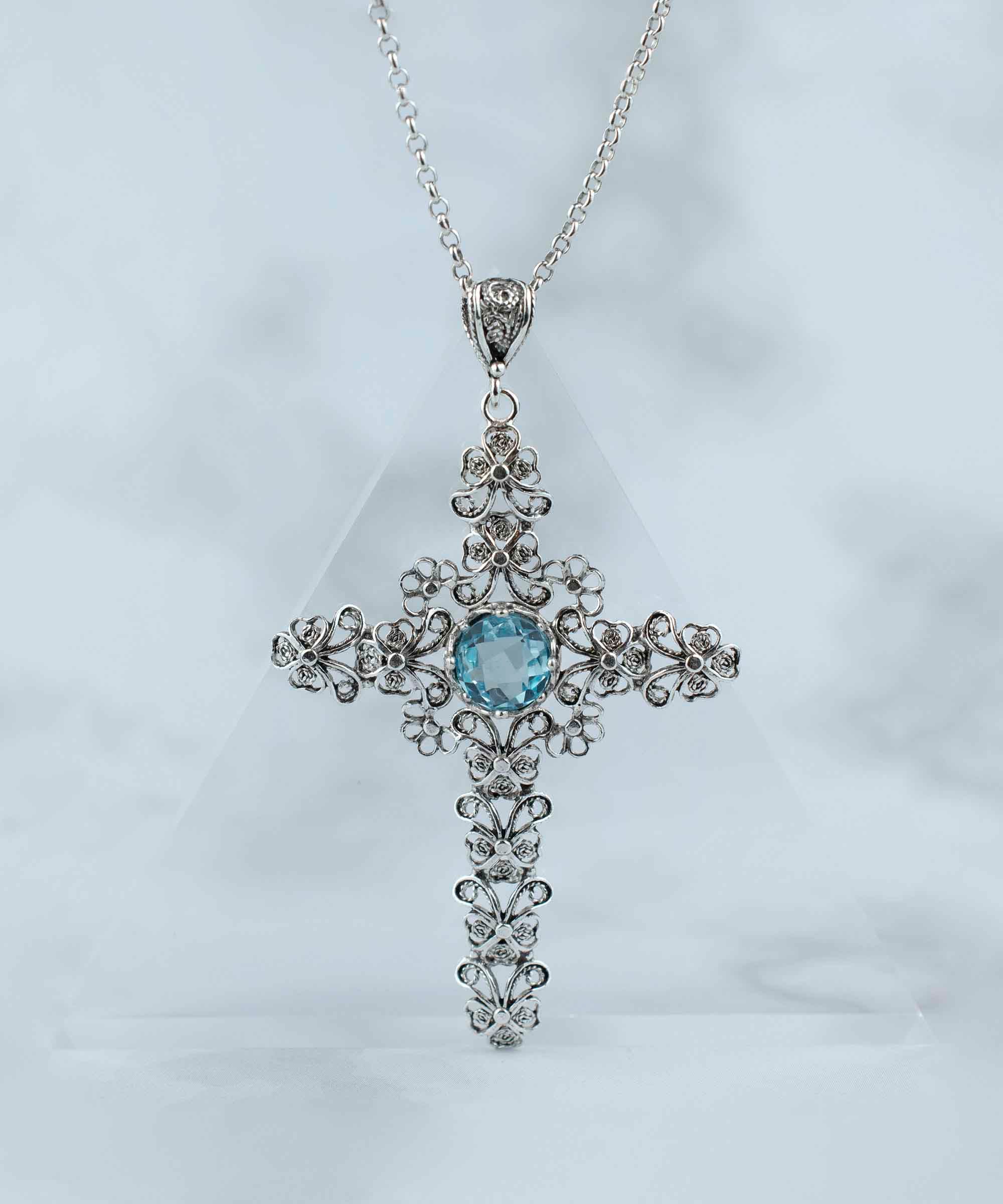 Filigree Art Blue Topaz Gemstone Silver Cross Design Women Pendant