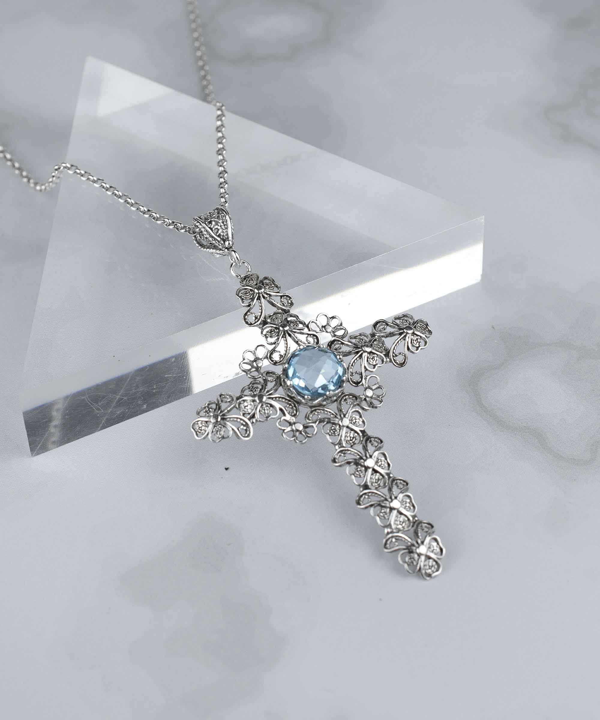 Filigree Art Blue Topaz Gemstone Silver Cross Design Women Pendant