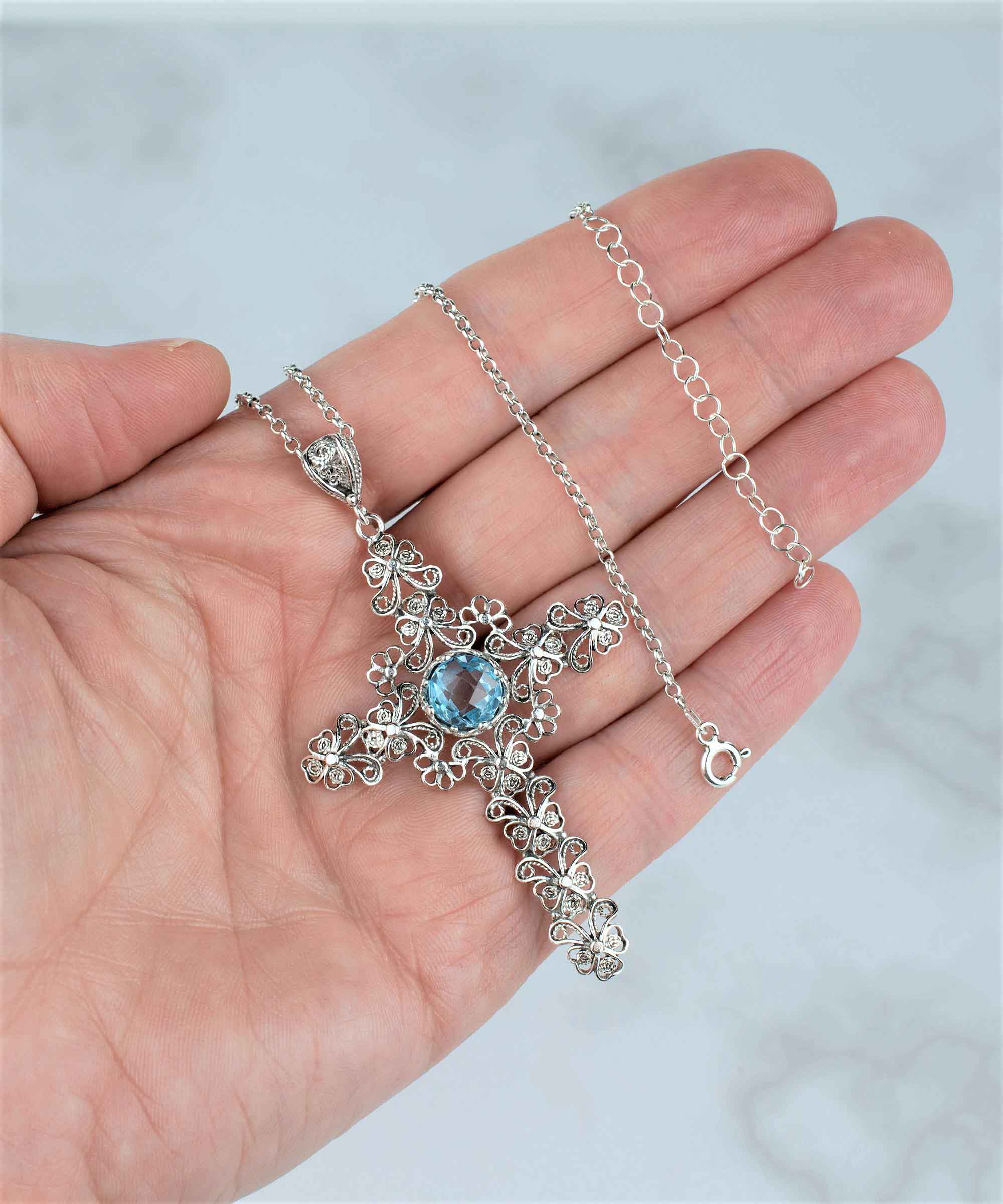 Filigree Art Blue Topaz Gemstone Silver Cross Design Women Pendant