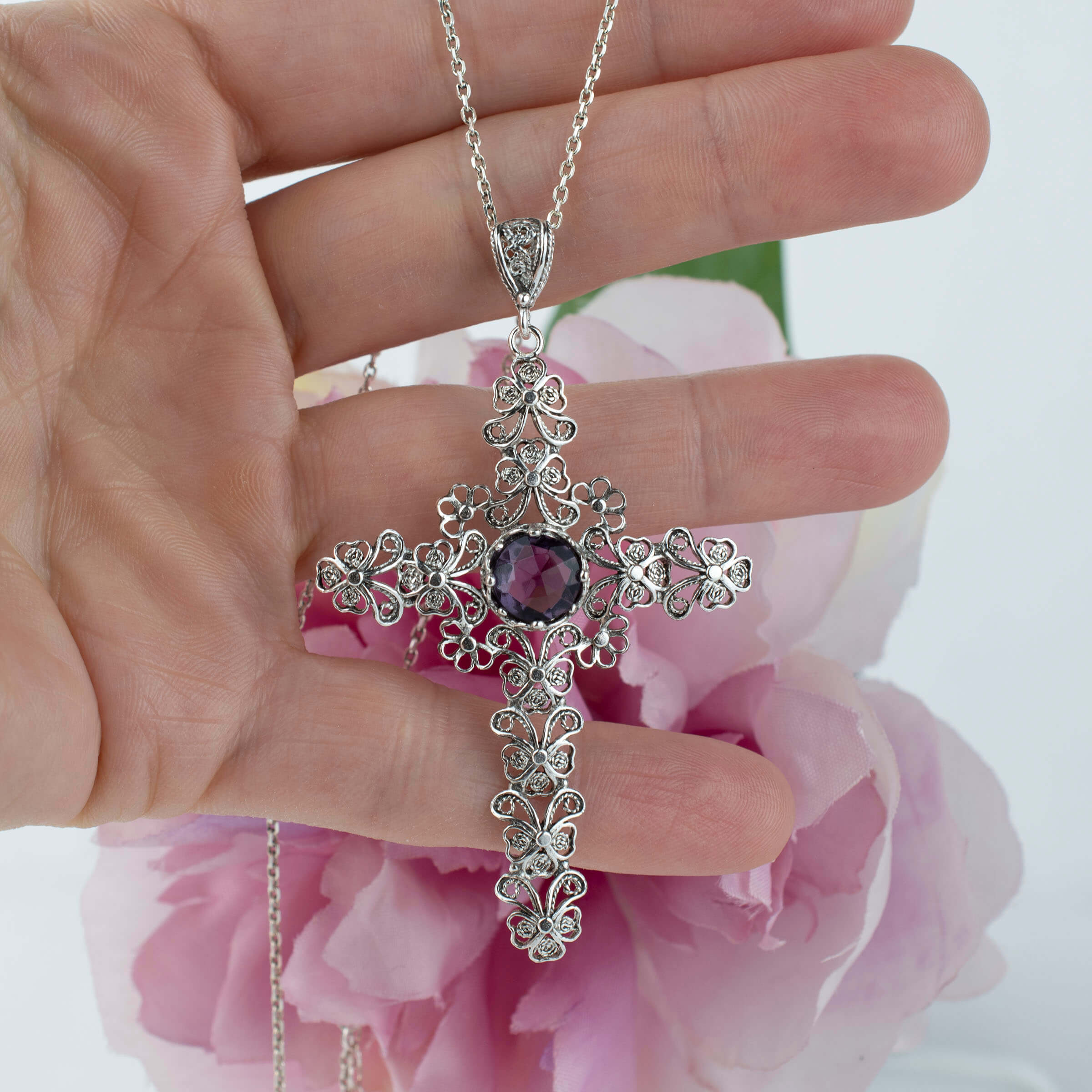 Filigree Art Amethyst Gemstone Silver Cross Design Women Pendant