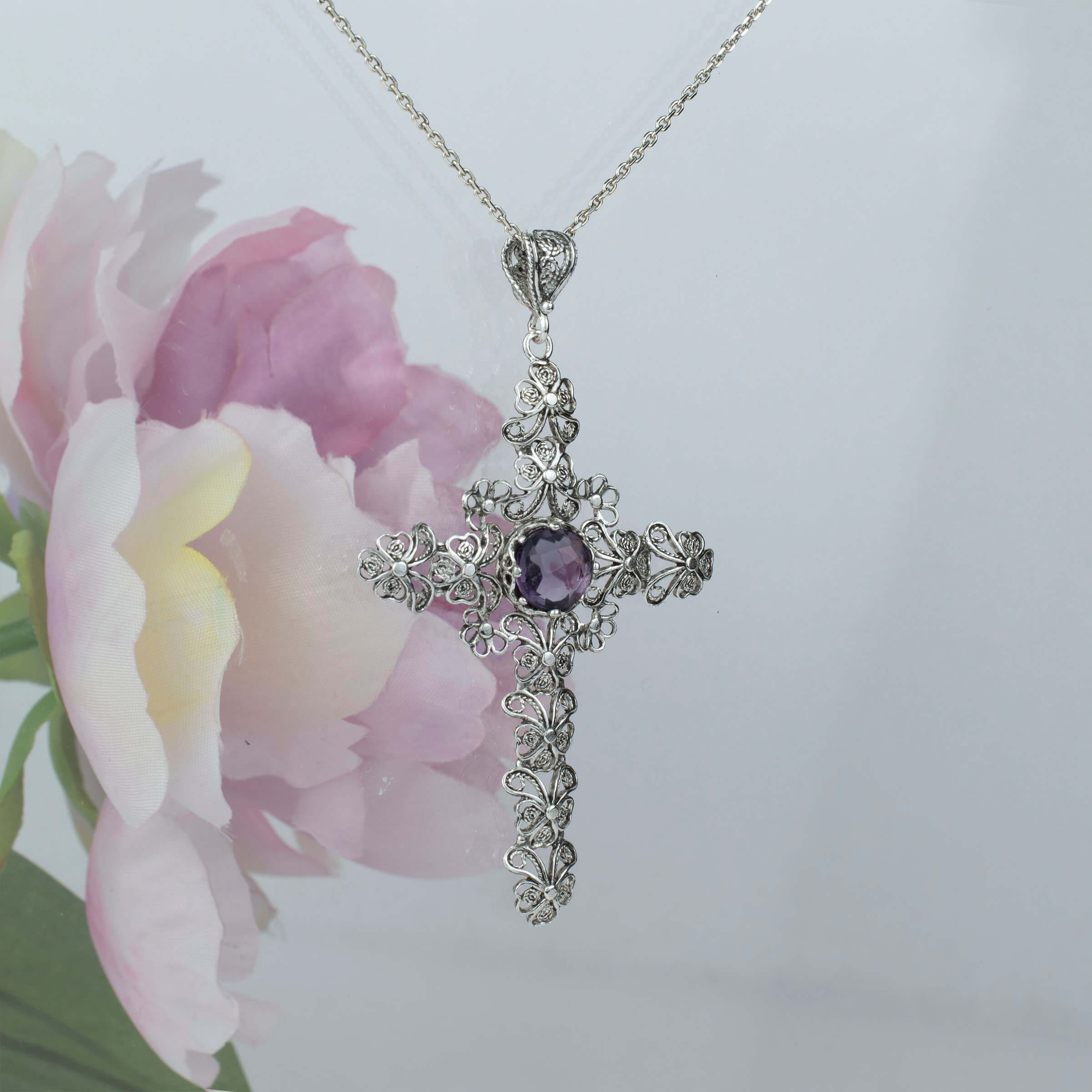 Filigree Art Amethyst Gemstone Silver Cross Design Women Pendant