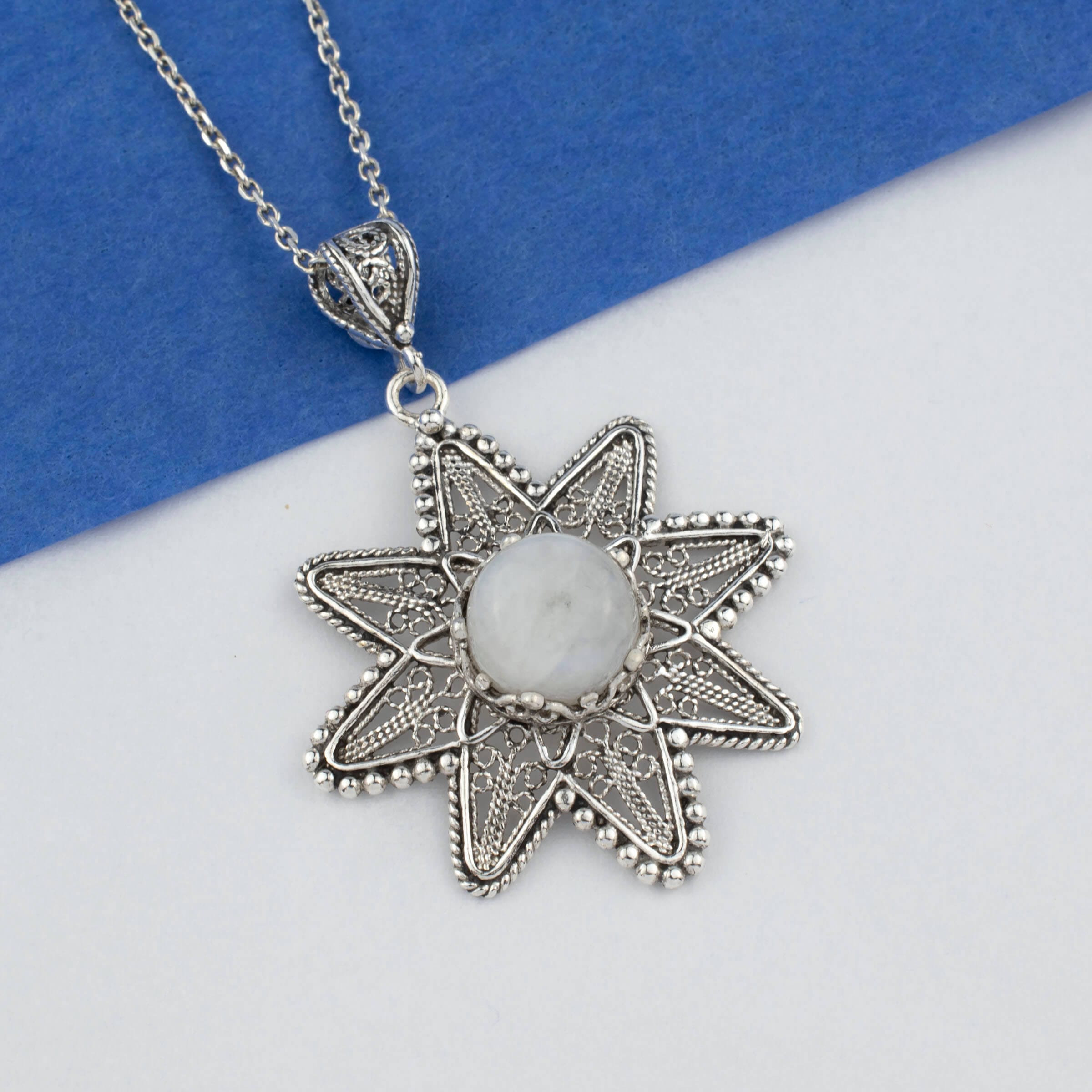 Filigree Art Moonstone Gemstone Sunflower Design Women Silver Pendant