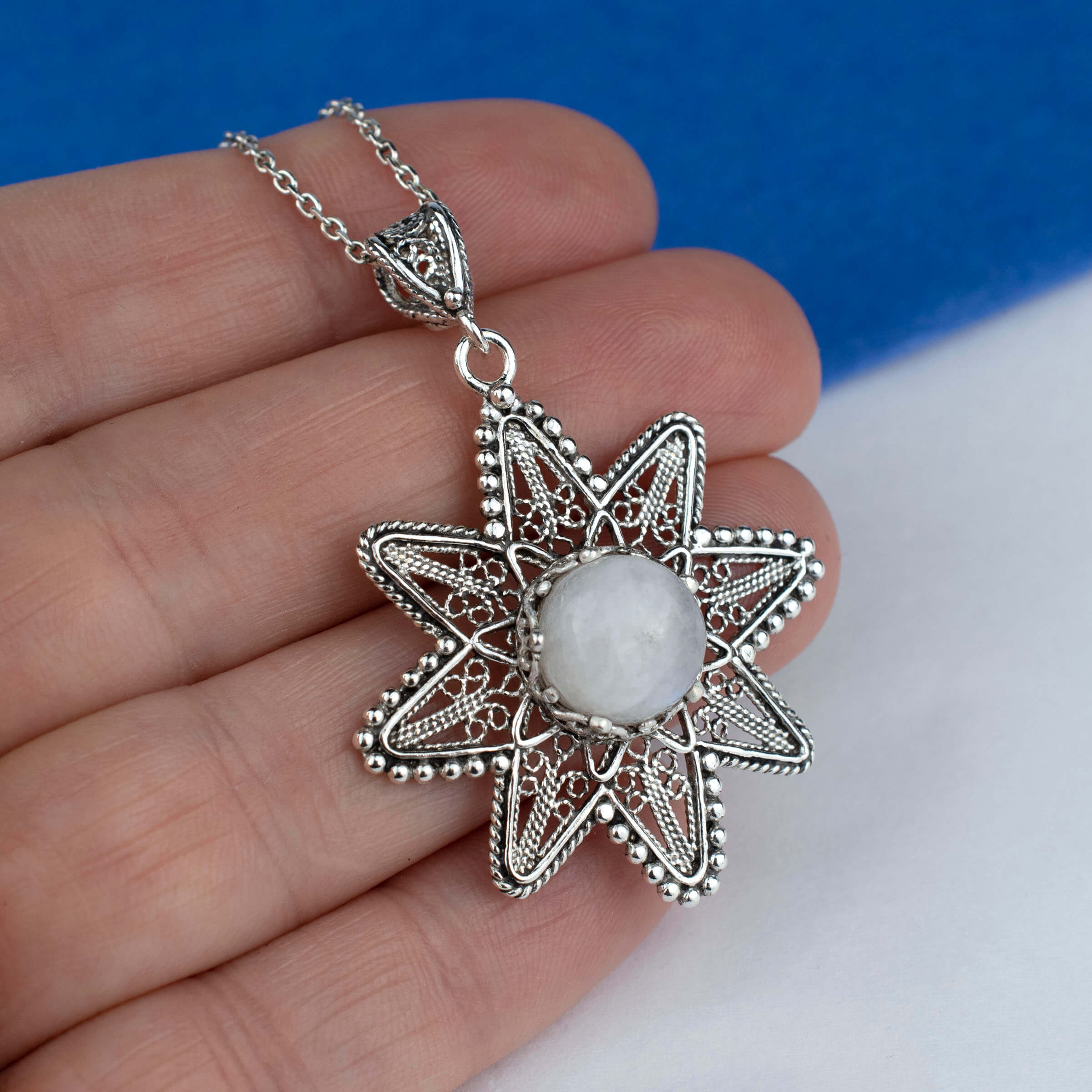 Filigree Art Moonstone Gemstone Sunflower Design Women Silver Pendant