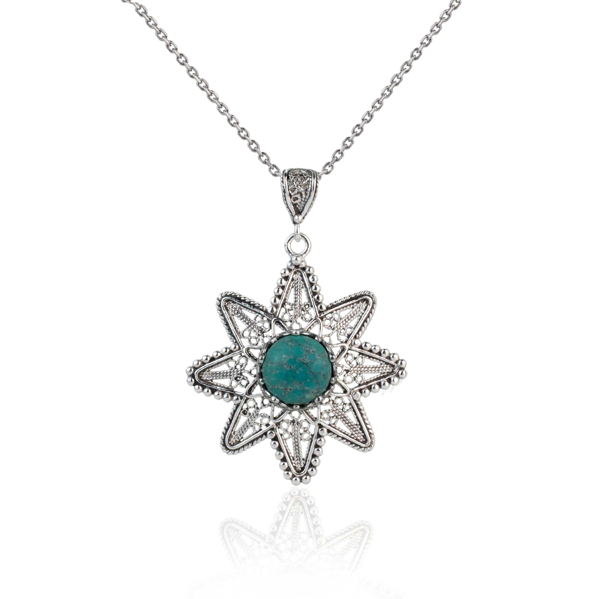 Filigree Art Turquoise Gemstone Sunflower Design Women Silver Pendant