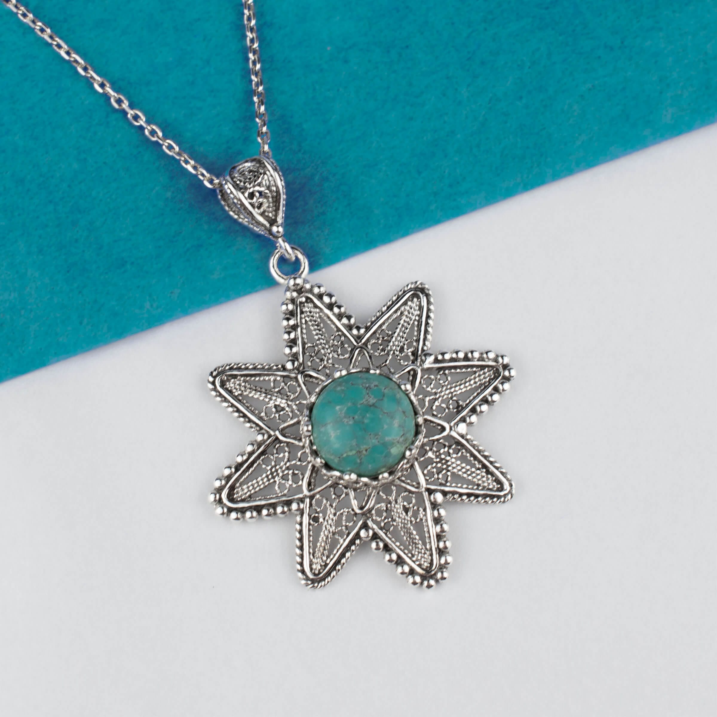 Filigree Art Turquoise Gemstone Sunflower Design Women Silver Pendant