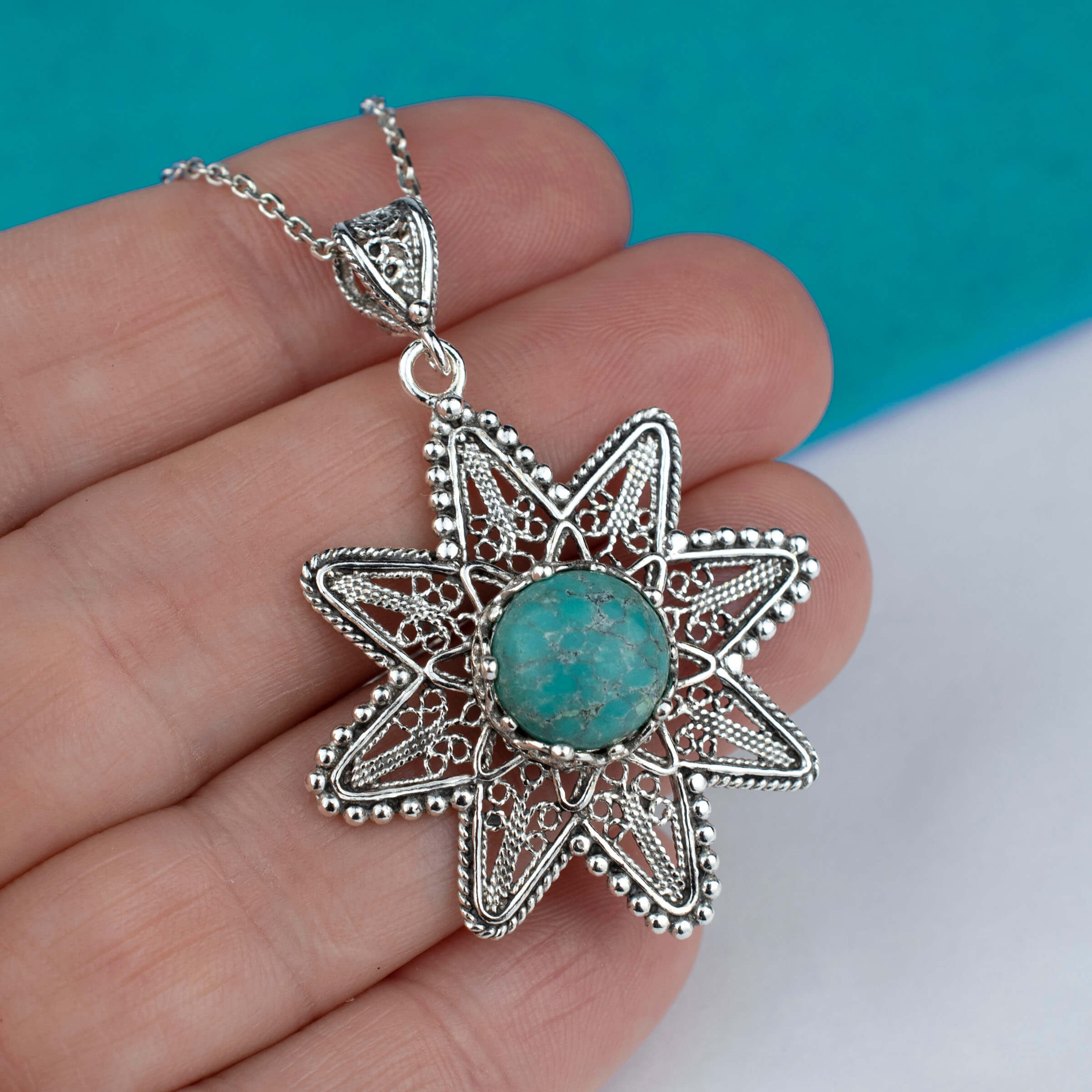 Filigree Art Turquoise Gemstone Sunflower Design Women Silver Pendant