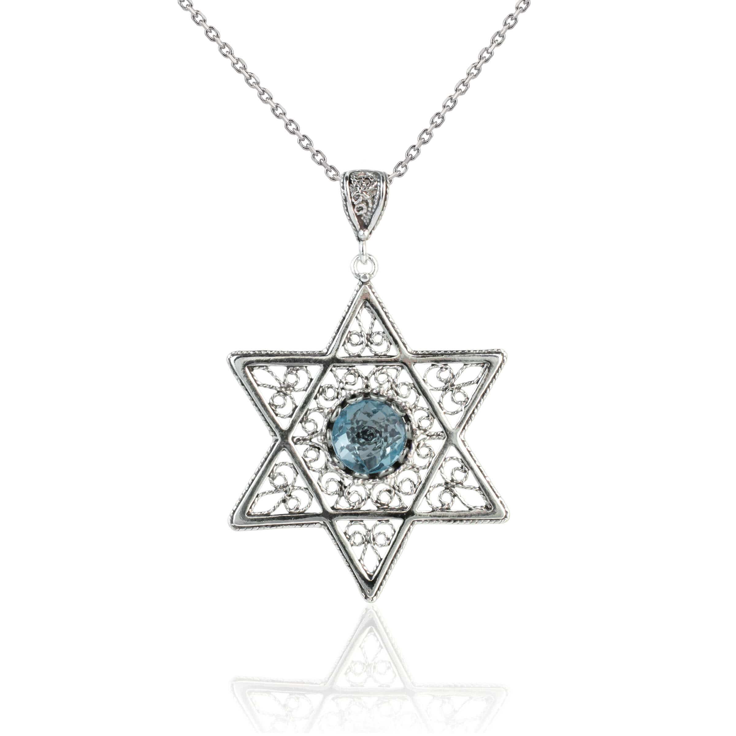 Filigree Art Blue Topaz Gemstone Star of David Women Silver Pendant