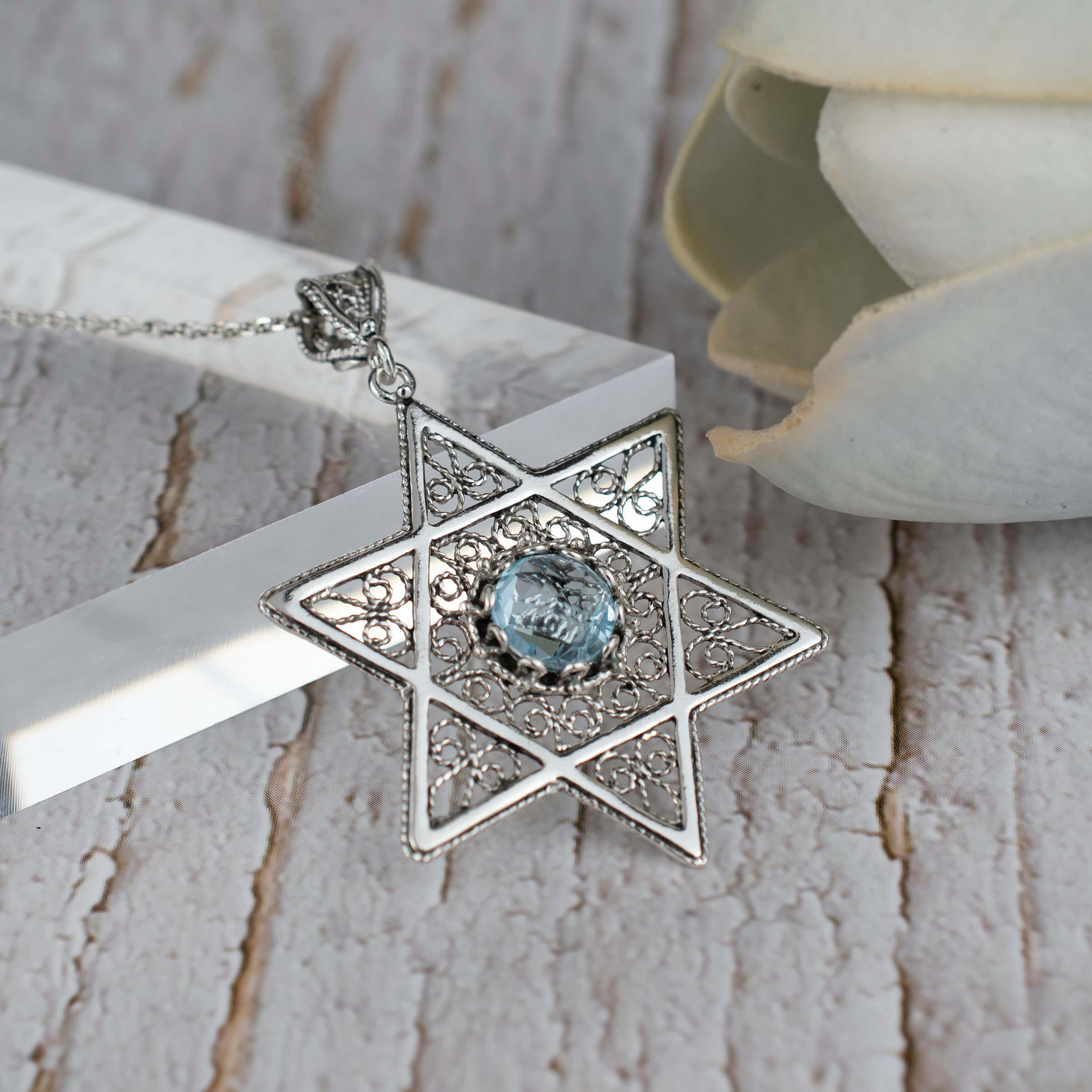 Filigree Art Blue Topaz Gemstone Star of David Women Silver Pendant