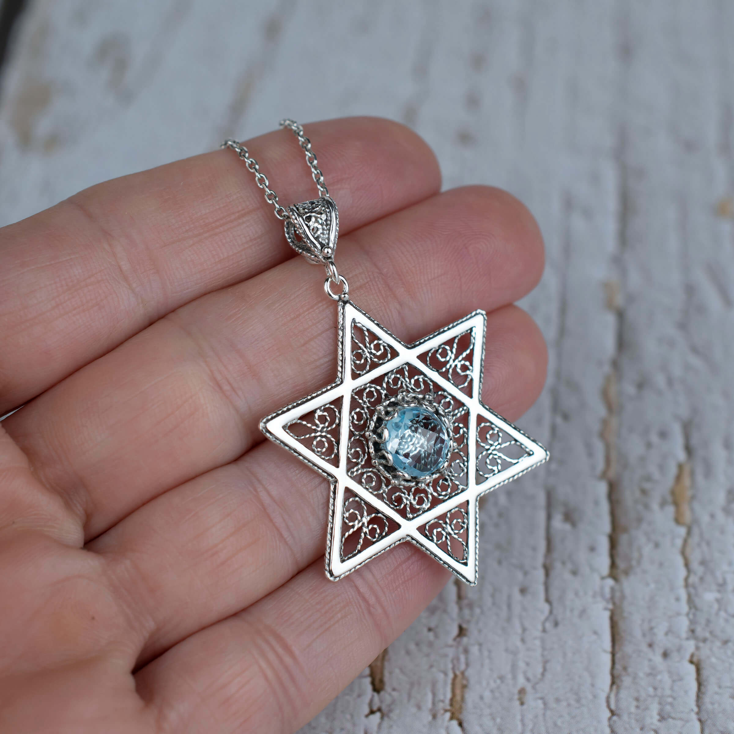 Filigree Art Blue Topaz Gemstone Star of David Women Silver Pendant